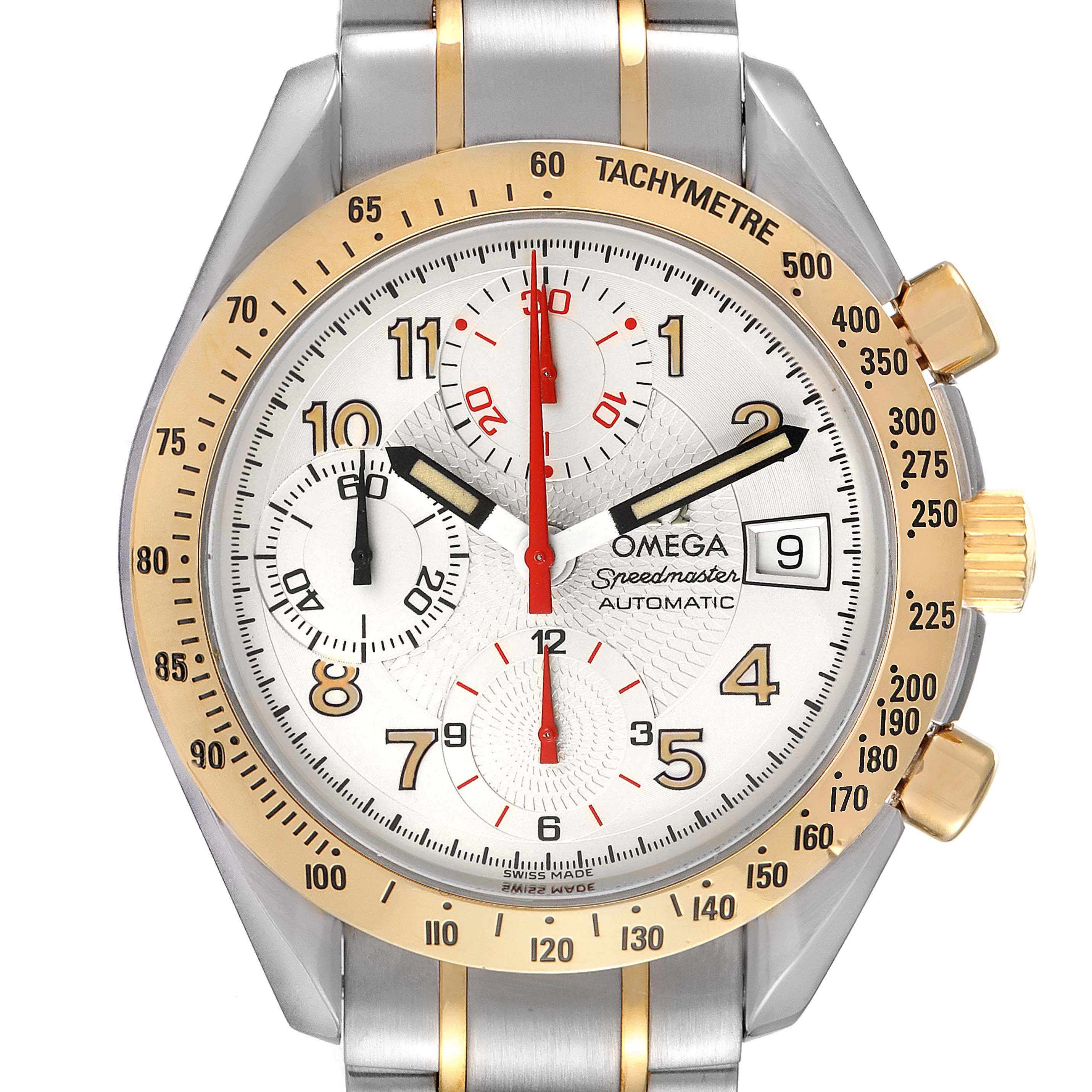 The image shows a front view of an Omega Speedmaster 3313.33.00 Men's Steel and Gold (two tone) White Dial 3313.33.00 Men's Steel and Gold (two tone) White Dial watch, highlighting its dial, hands, subdials, tachymeter bezel, and crown.