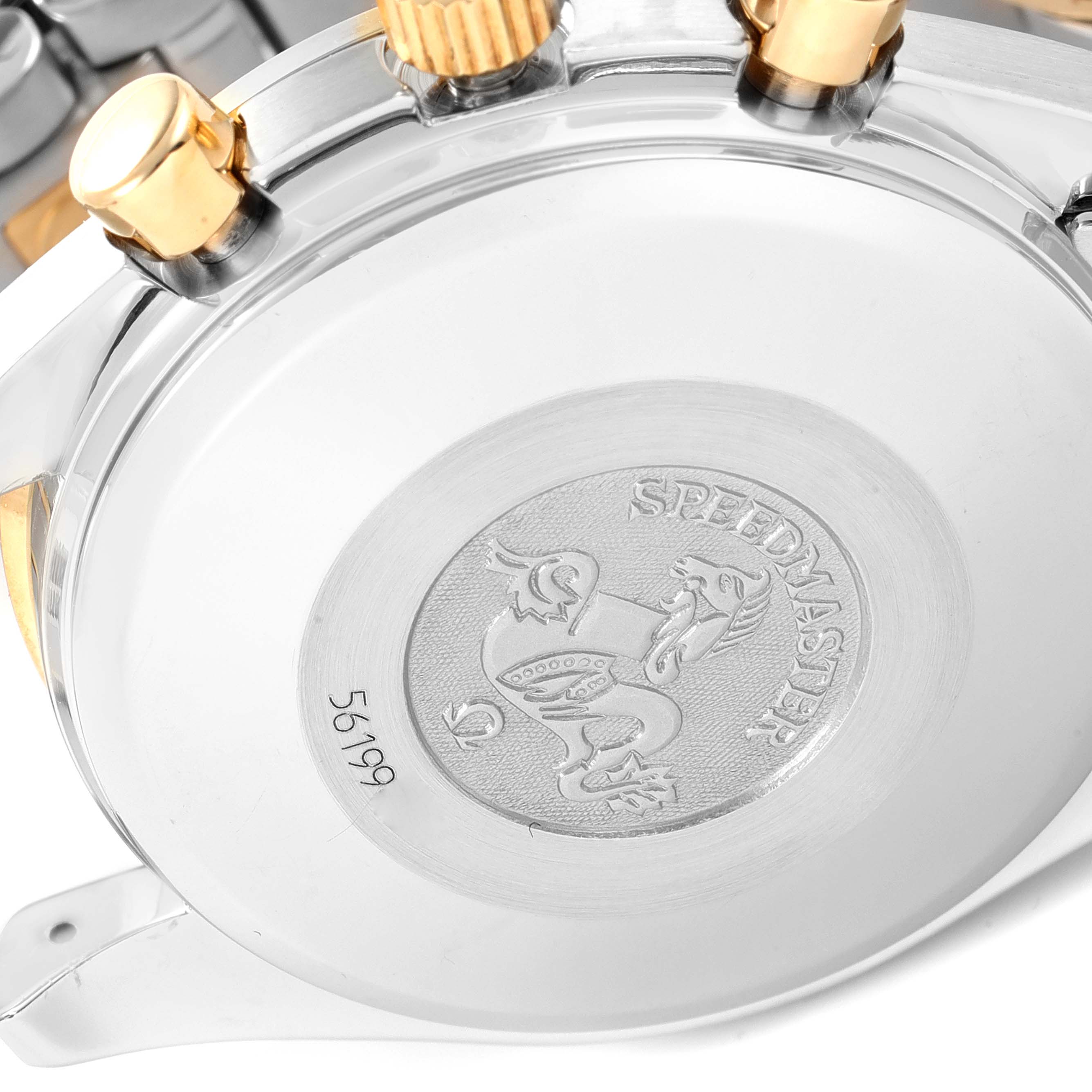 The image shows the case back of an Omega Speedmaster 3313.33.00 Men's Steel and Gold (two tone) White Dial 3313.33.00 Men's Steel and Gold (two tone) White Dial watch, featuring engraved branding and a serial number.