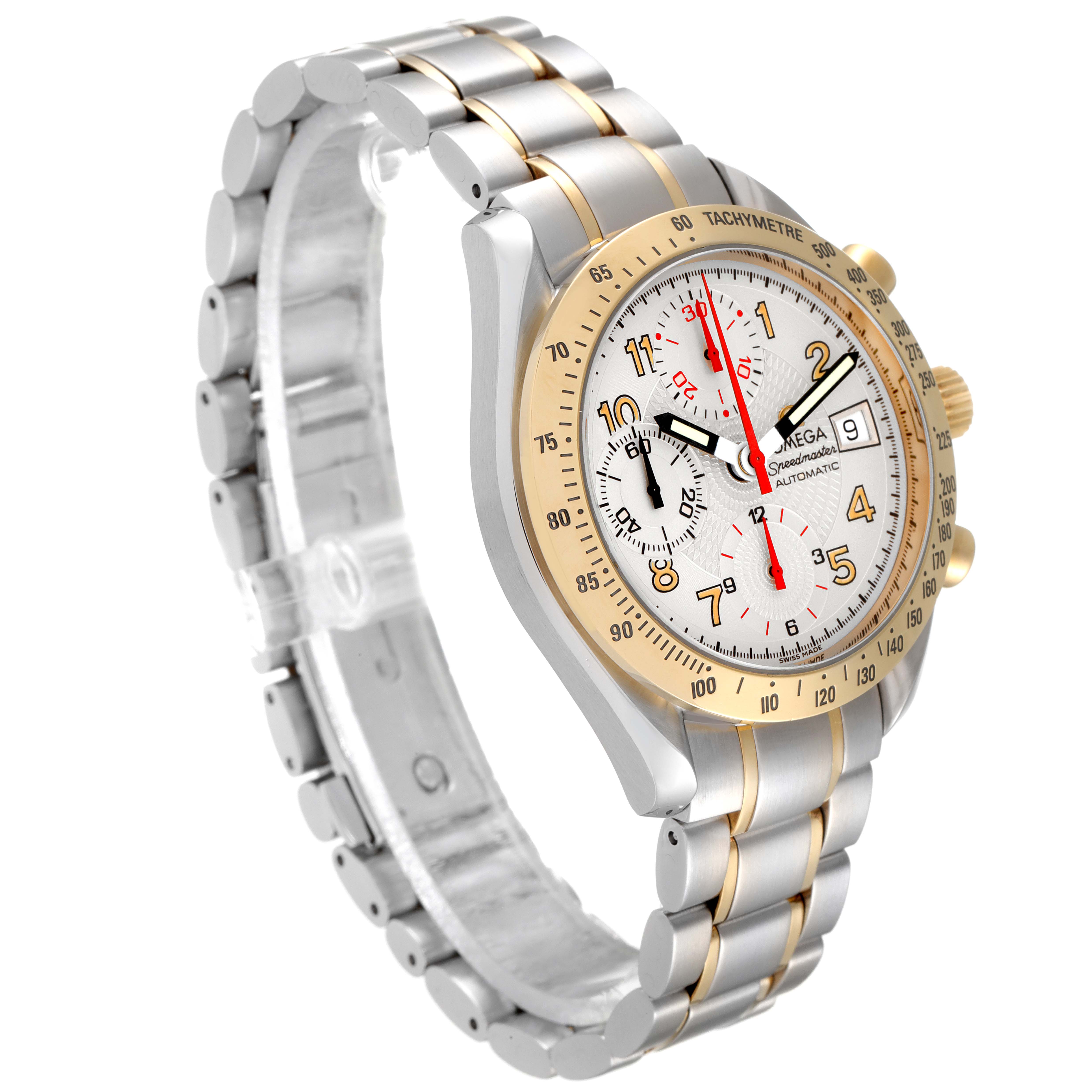 The image shows an angled side view of an Omega Speedmaster 3313.33.00 Men's Steel and Gold (two tone) White Dial 3313.33.00 Men's Steel and Gold (two tone) White Dial watch, highlighting its face, bezel, and metal bracelet.