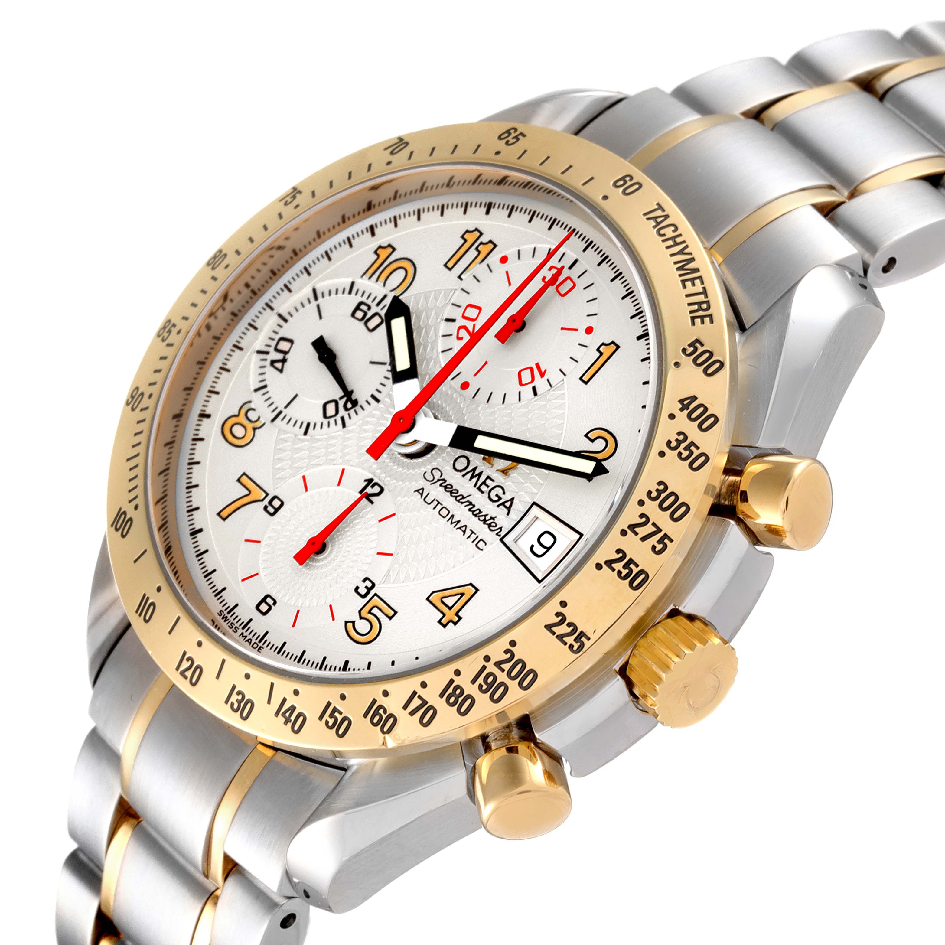 The image shows an angled view of an Omega Speedmaster 3313.33.00 Men's Steel and Gold (two tone) White Dial 3313.33.00 Men's Steel and Gold (two tone) White Dial watch, highlighting its dial, bezel, crown, and bracelet.