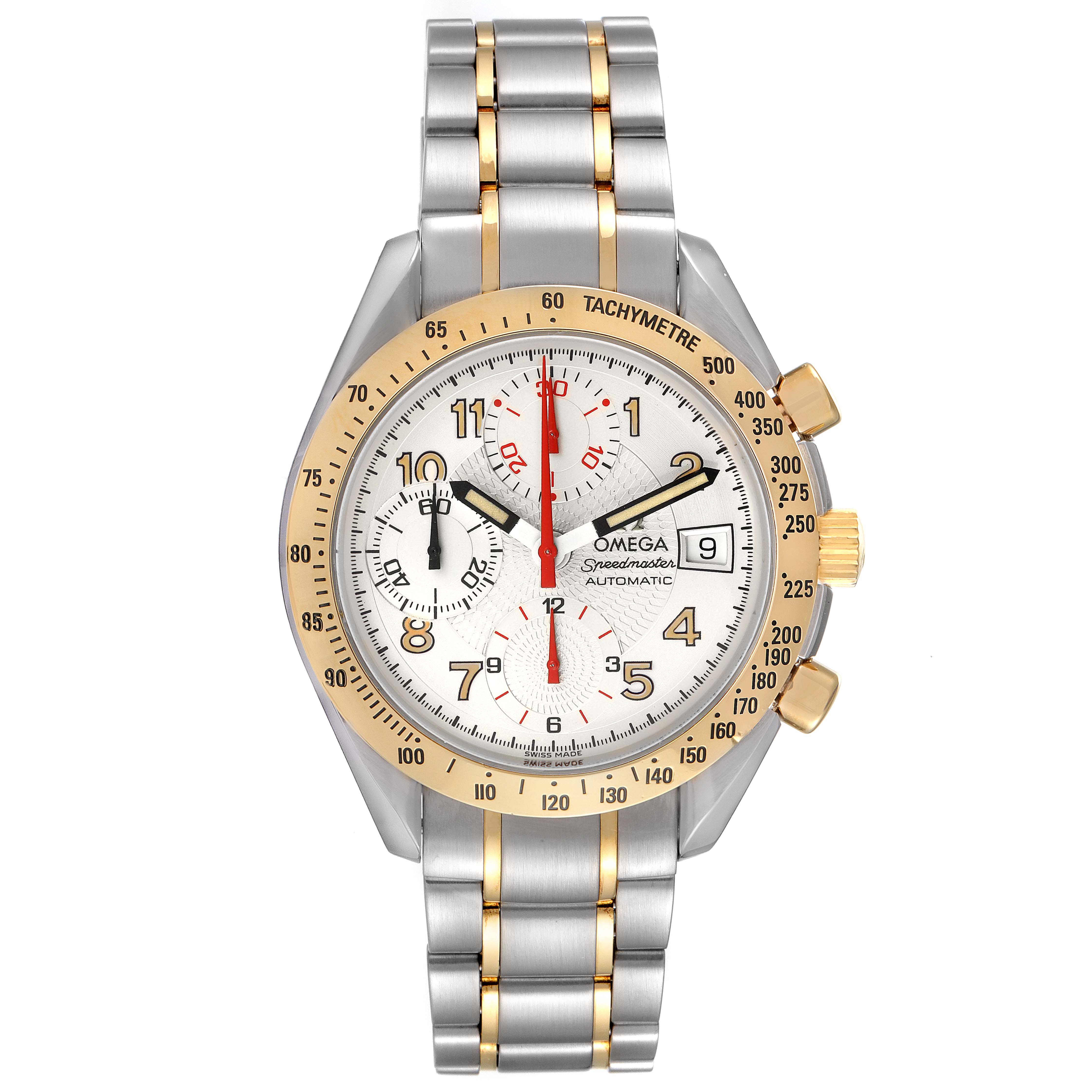 The Omega Speedmaster 3313.33.00 Men's Steel and Gold (two tone) White Dial 3313.33.00 Men's Steel and Gold (two tone) White Dial watch is shown from a front angle, displaying the face, bezel, crown, and metal strap.