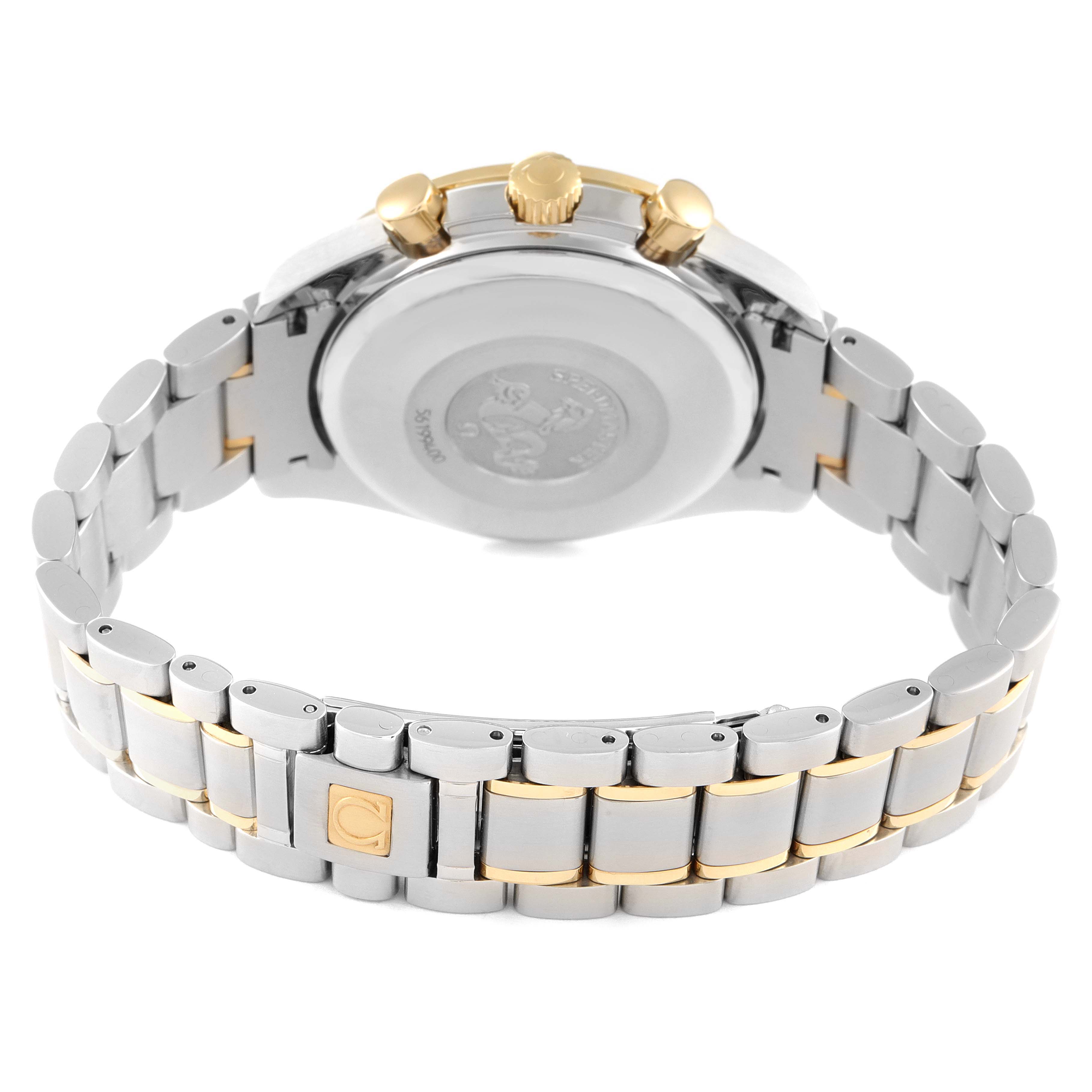 The image shows the rear view of an Omega Speedmaster 3313.33.00 Men's Steel and Gold (two tone) White Dial 3313.33.00 Men's Steel and Gold (two tone) White Dial watch, focusing on the bracelet and the case back.