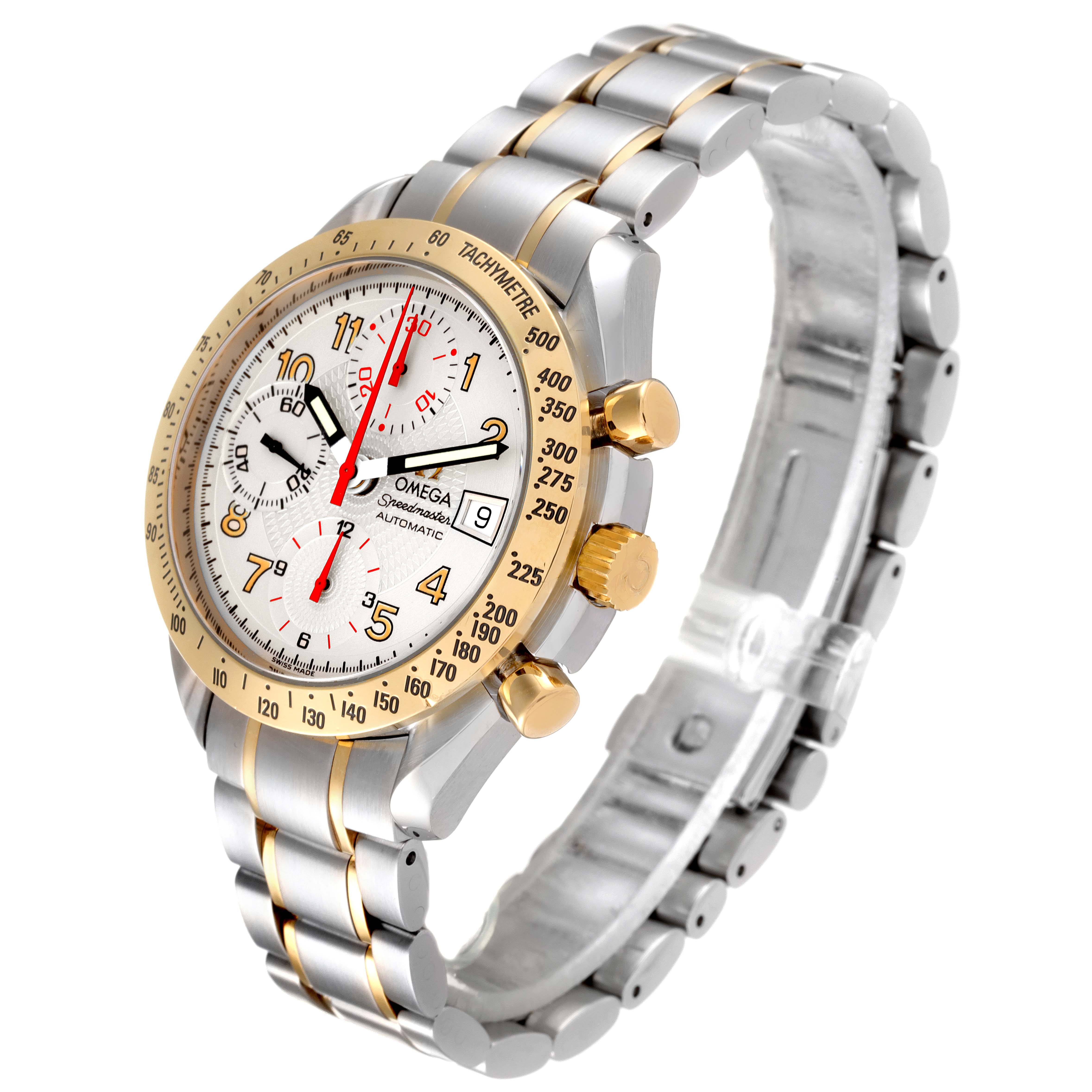 The image shows an Omega Speedmaster 3313.33.00 Men's Steel and Gold (two tone) White Dial 3313.33.00 Men's Steel and Gold (two tone) White Dial watch at a front angle, highlighting the face, bezel, and metal strap with gold accents.