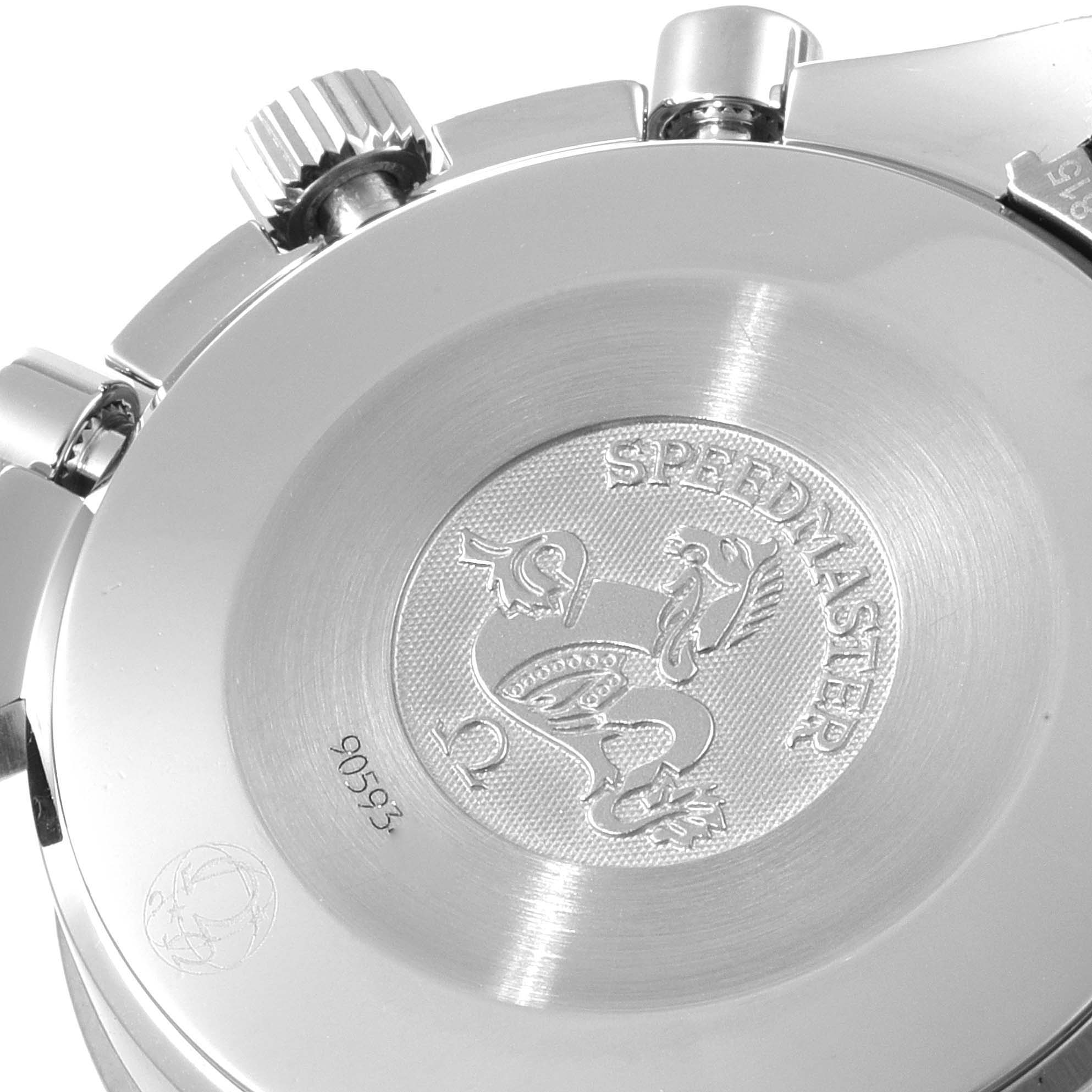 This image shows the case back of an Omega Speedmaster 3539.50.00 Men's Stainless Steel Black Dial 3539.50.00 Men's Stainless Steel Black Dial watch, displaying the engraved logo and serial number.