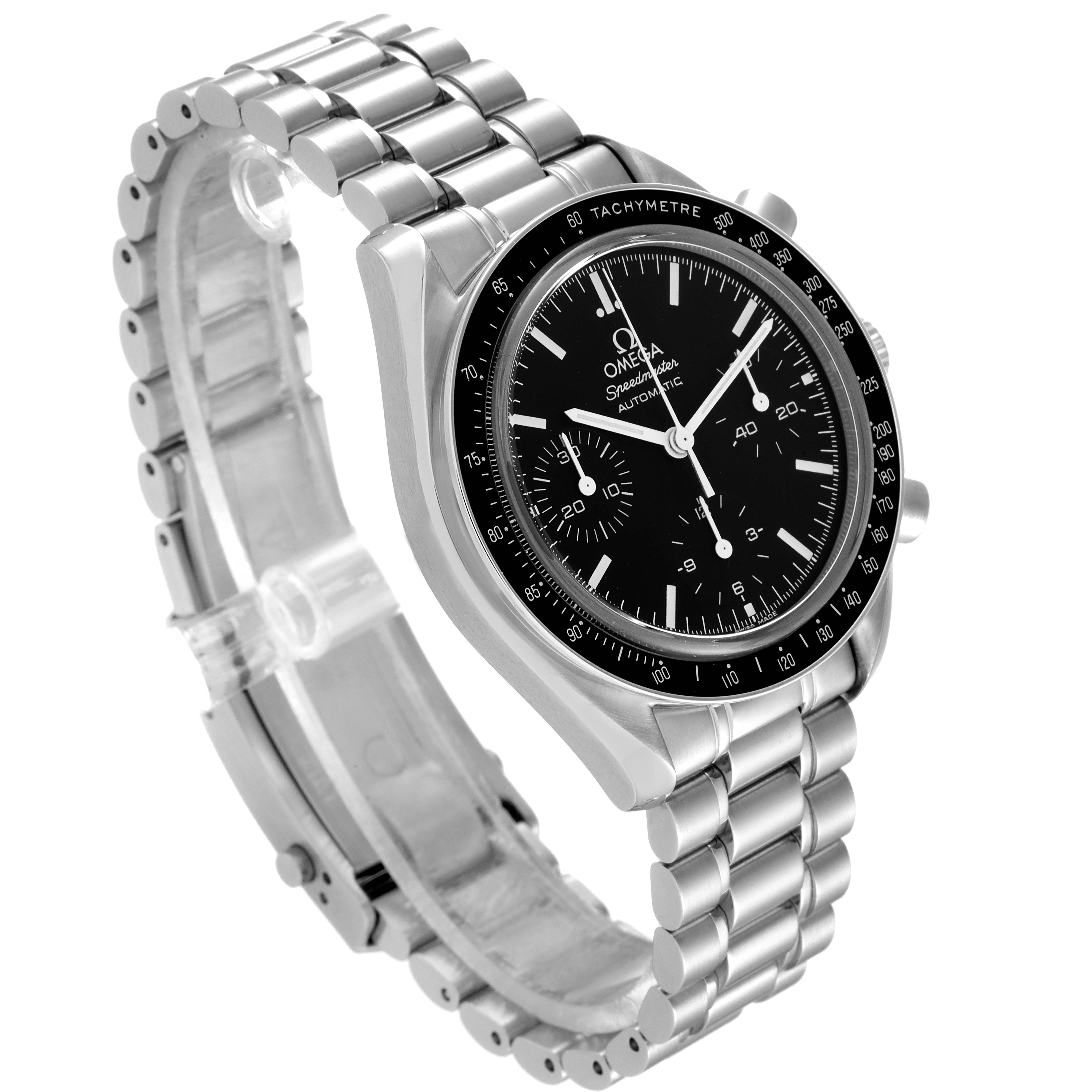 The Omega Speedmaster 3539.50.00 Men's Stainless Steel Black Dial 3539.50.00 Men's Stainless Steel Black Dial watch is shown at a three-quarter angle, highlighting the bracelet, tachymeter bezel, and chronograph dial.