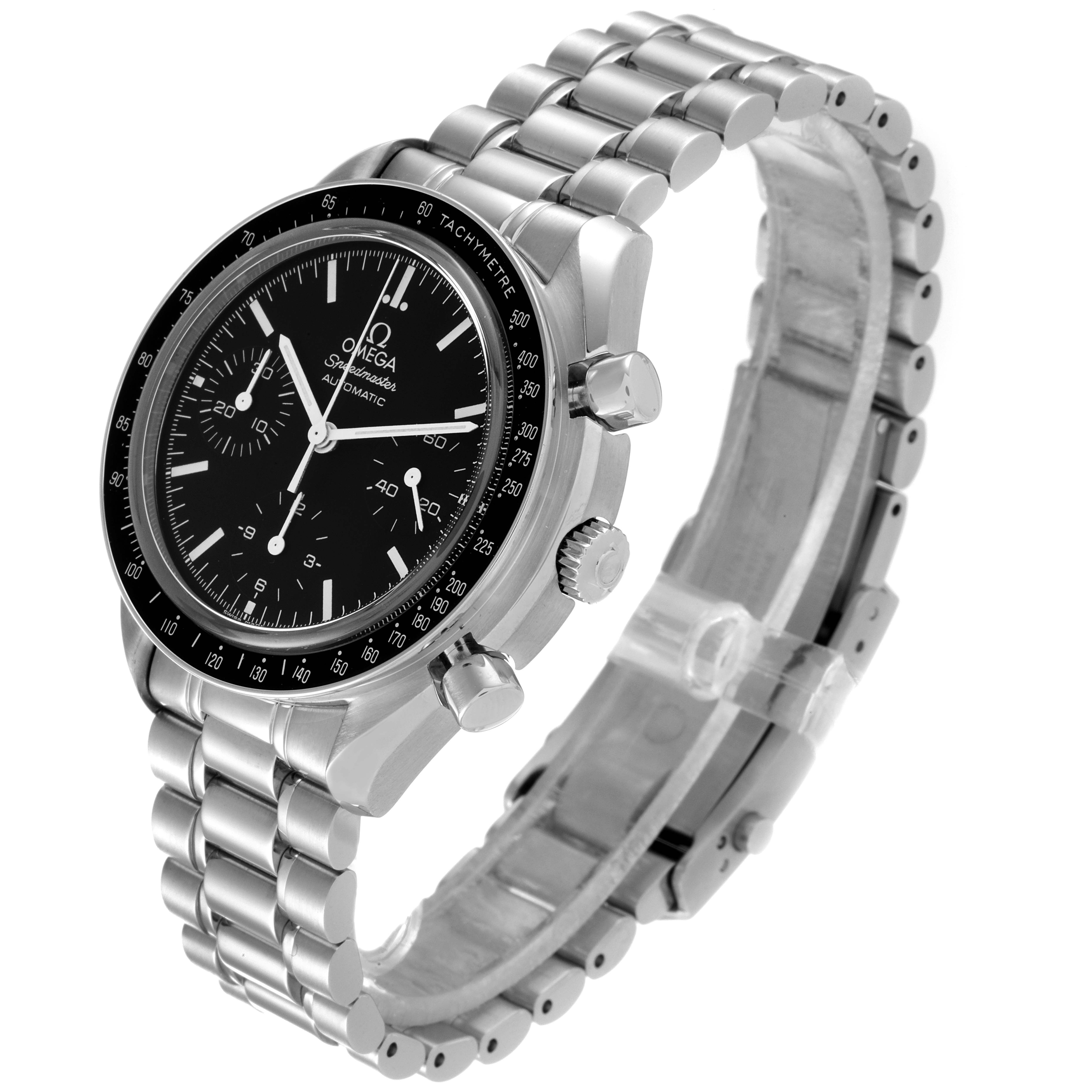 The image shows an angled side view of an Omega Speedmaster 3539.50.00 Men's Stainless Steel Black Dial 3539.50.00 Men's Stainless Steel Black Dial watch, highlighting the dial, bezel, crown, and stainless steel bracelet.