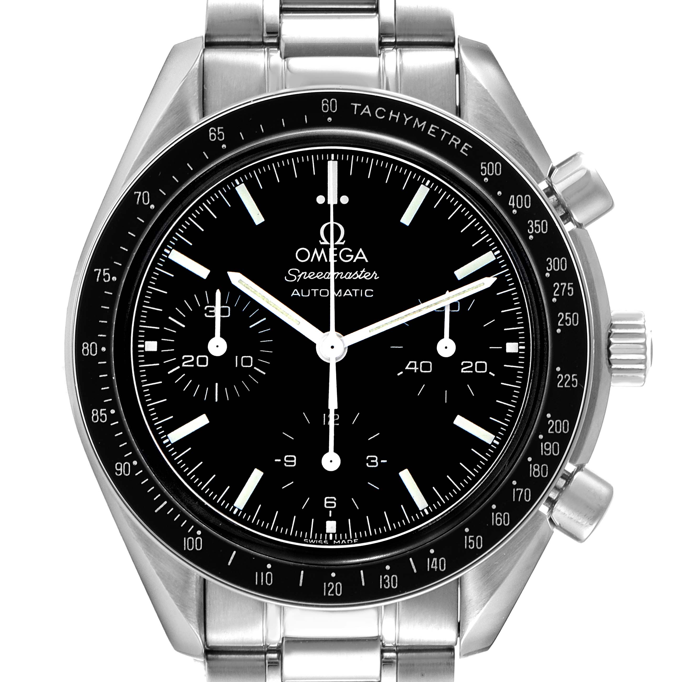 The Omega Speedmaster 3539.50.00 Men's Stainless Steel Black Dial 3539.50.00 Men's Stainless Steel Black Dial watch is shown front-facing, displaying the black dial, tachymeter bezel, and chronograph subdials.