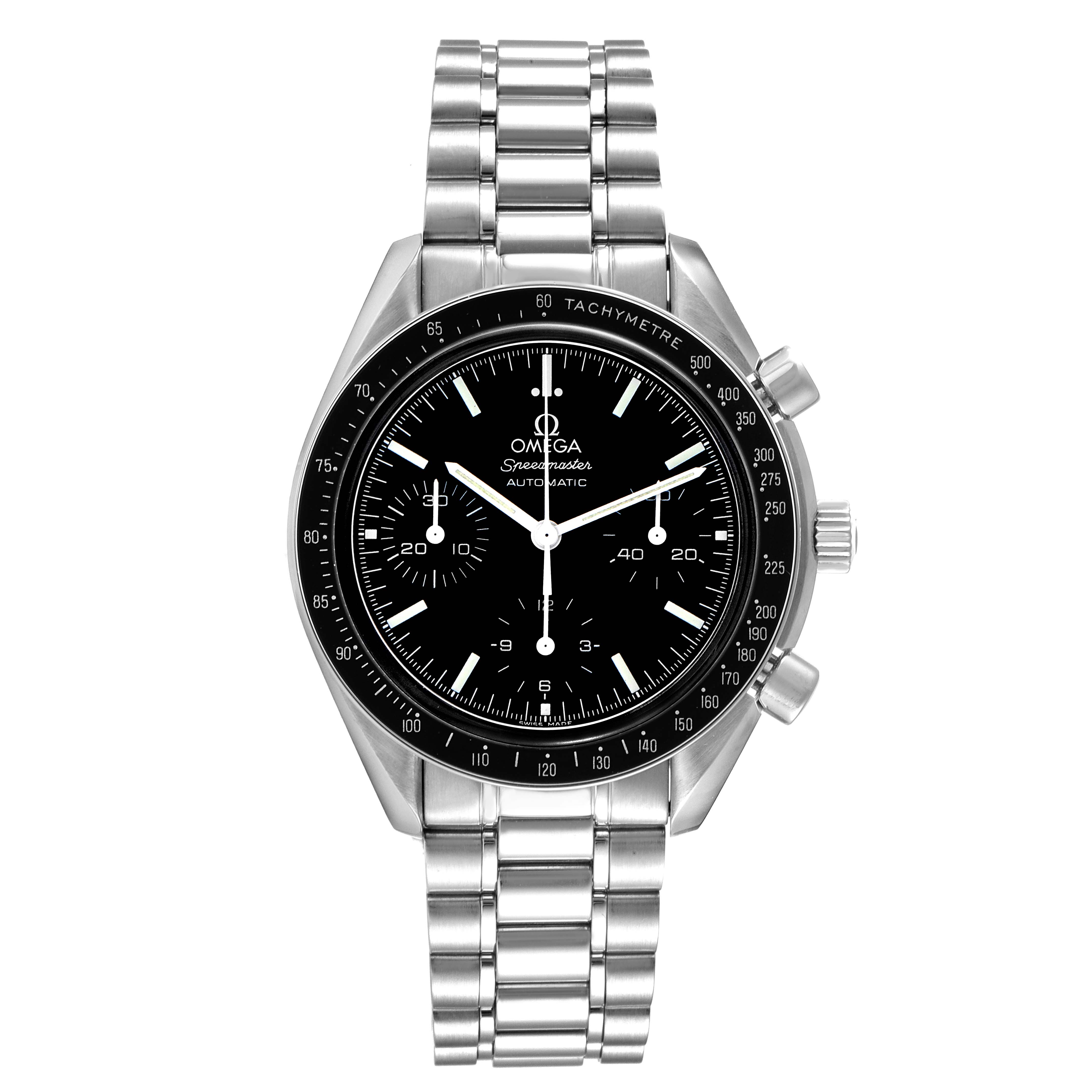 The Omega Speedmaster 3539.50.00 Men's Stainless Steel Black Dial 3539.50.00 Men's Stainless Steel Black Dial watch is shown from a top-down angle, displaying the face, bezel, and stainless steel bracelet.