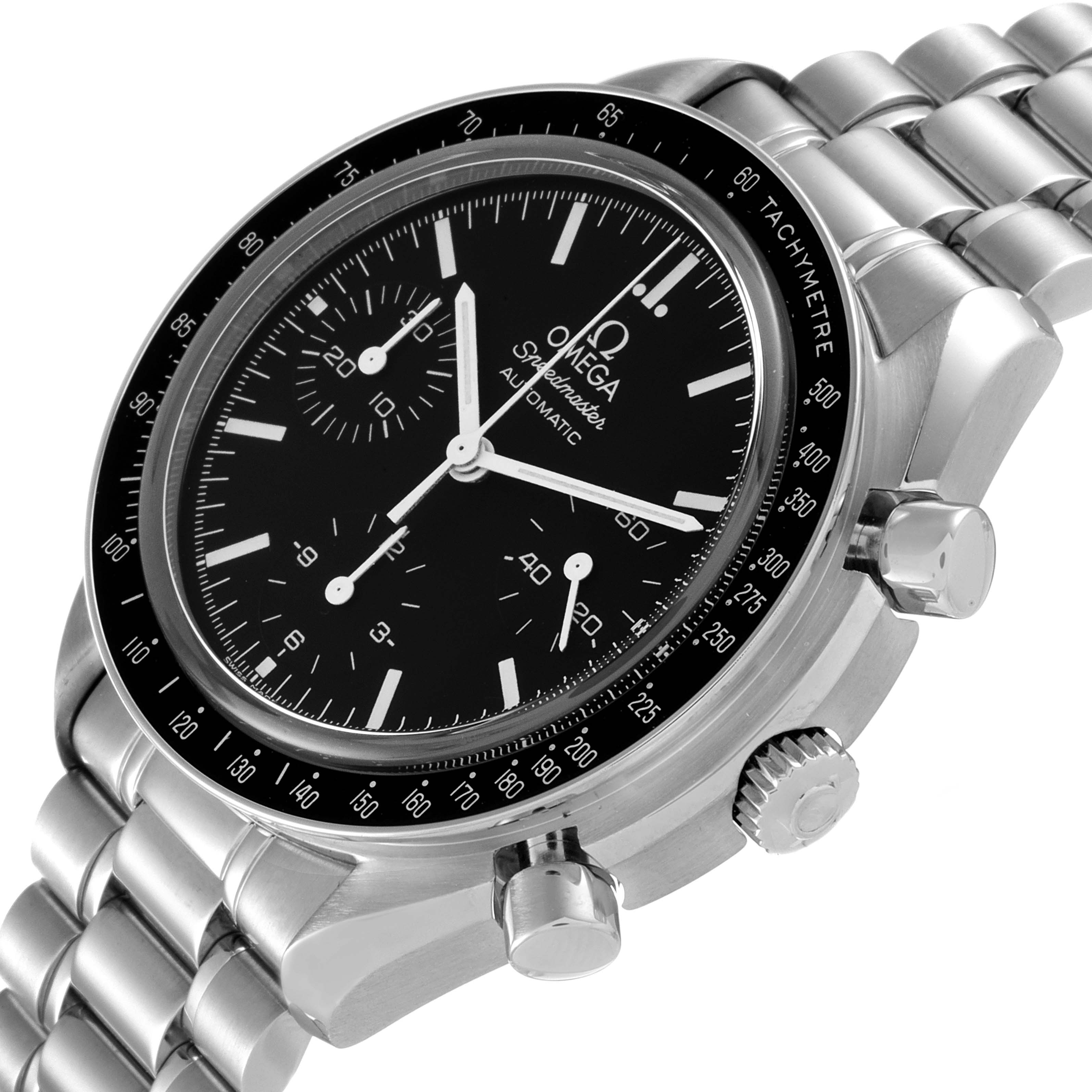 This image shows an Omega Speedmaster 3539.50.00 Men's Stainless Steel Black Dial 3539.50.00 Men's Stainless Steel Black Dial watch at a slight angle, highlighting the dial, tachymeter, crown, and pushers.