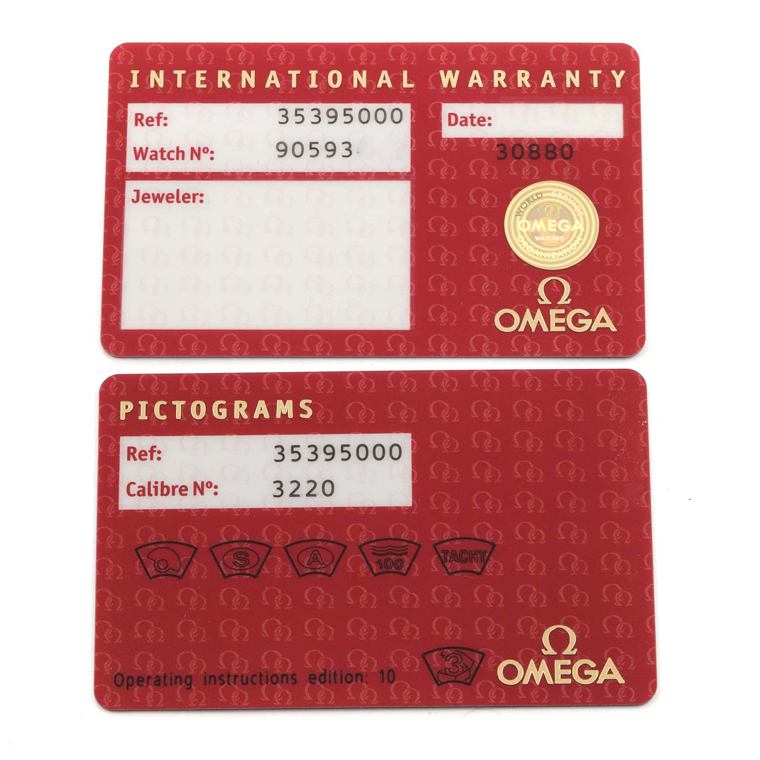 The image shows the International Warranty and Pictograms cards for an Omega Speedmaster 3539.50.00 Men's Stainless Steel Black Dial 3539.50.00 Men's Stainless Steel Black Dial model watch.