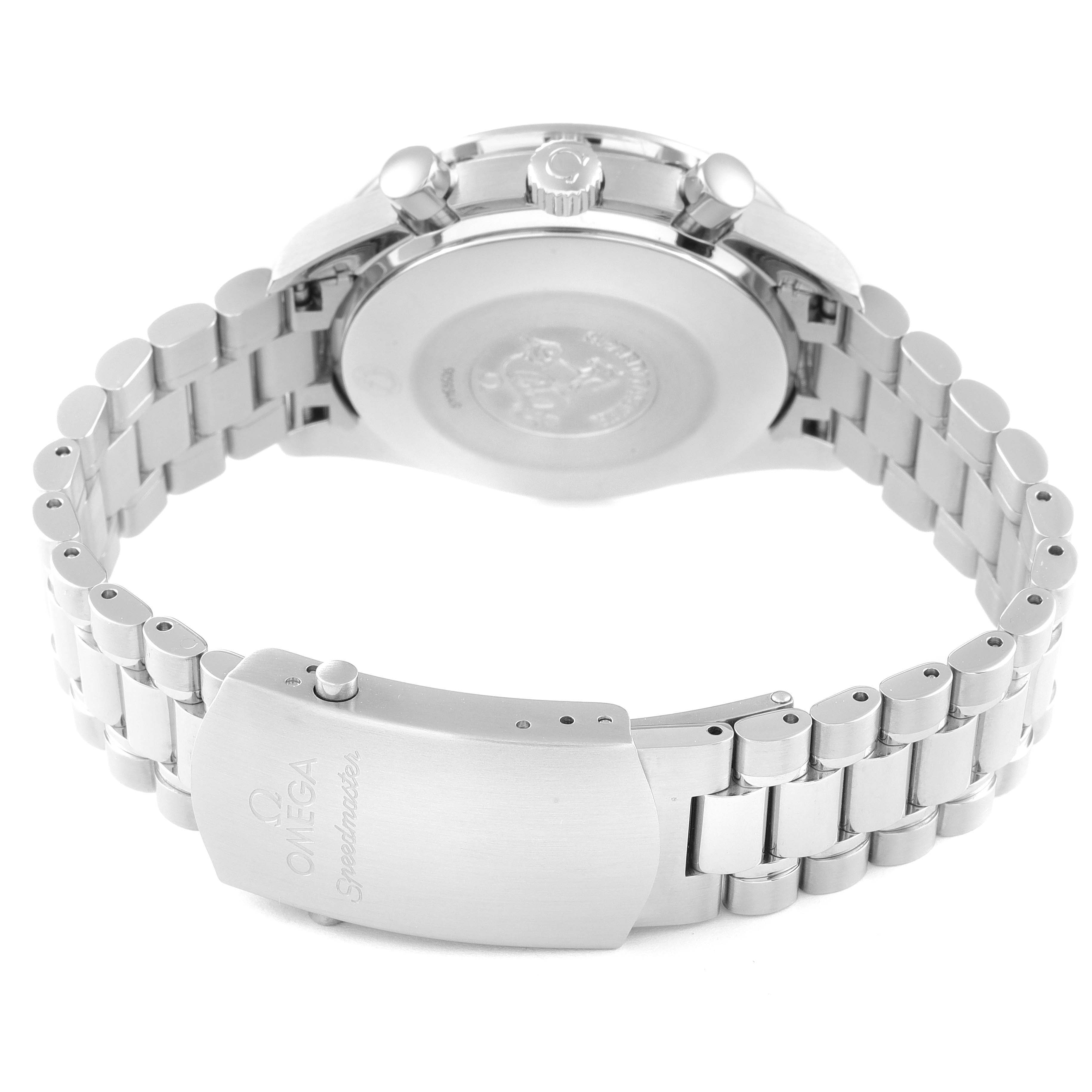 This image shows the back case, crown, pushers, and bracelet clasp of an Omega Speedmaster 3539.50.00 Men's Stainless Steel Black Dial 3539.50.00 Men's Stainless Steel Black Dial watch from a rear-view angle.