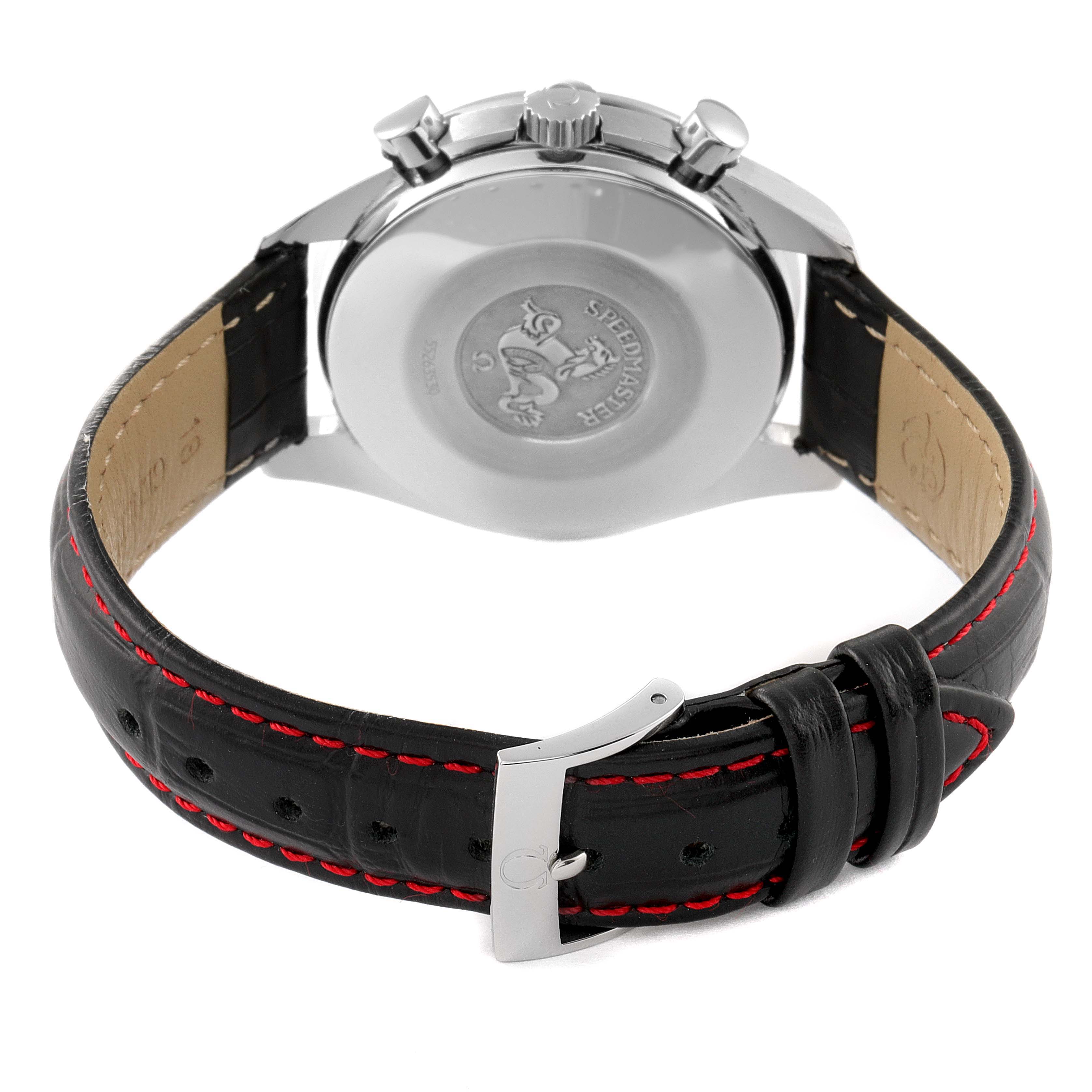 This image shows the back of the Omega 3810.80.00 Men
s Stainless Steel Yellow Dial 3810.80.00 Men
s Stainless Steel Yellow Dial Speedmaster Schumacher Yellow Dial Automatic Watch 3810.12.00, highlighting its leather strap and clasp.