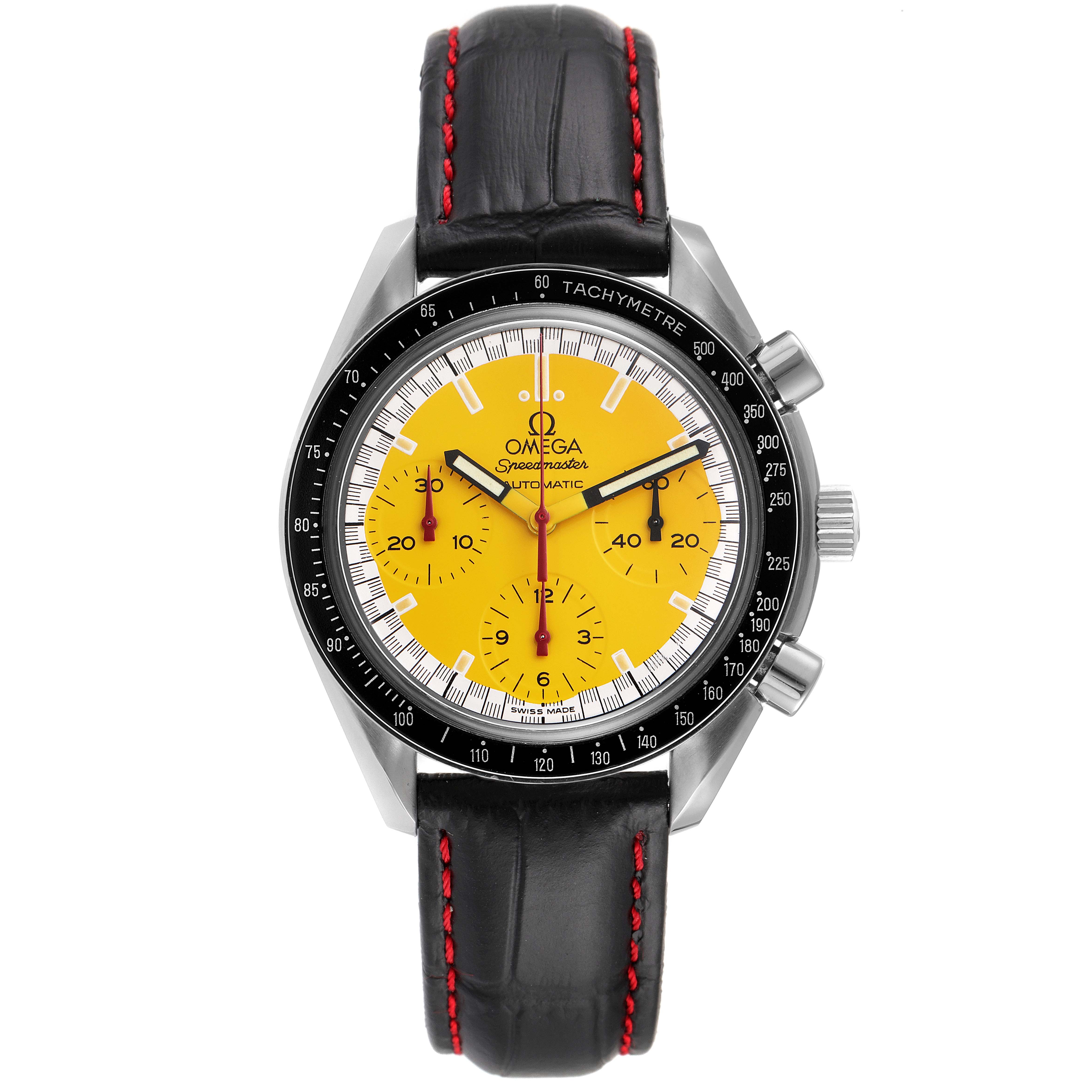 This image shows a front view of the Omega 3810.80.00 Men
s Stainless Steel Yellow Dial 3810.80.00 Men
s Stainless Steel Yellow Dial Speedmaster Schumacher Yellow Dial Automatic Watch 3810.12.00, including its strap and dial.