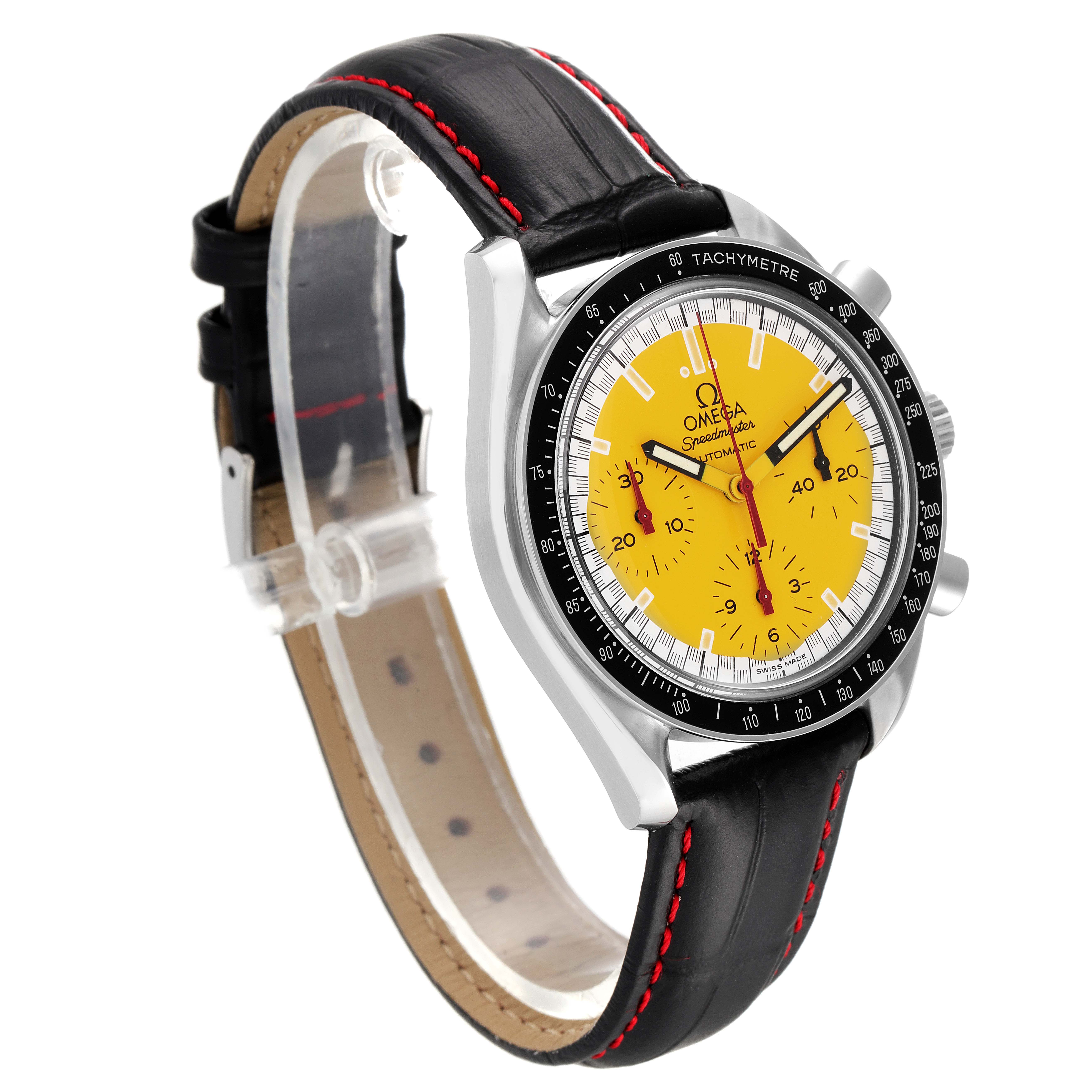 The Omega 3810.80.00 Men
s Stainless Steel Yellow Dial 3810.80.00 Men
s Stainless Steel Yellow Dial Speedmaster Schumacher Yellow Dial Automatic Watch 3810.12.00 is shown at a slight angle, featuring its yellow dial and black strap.