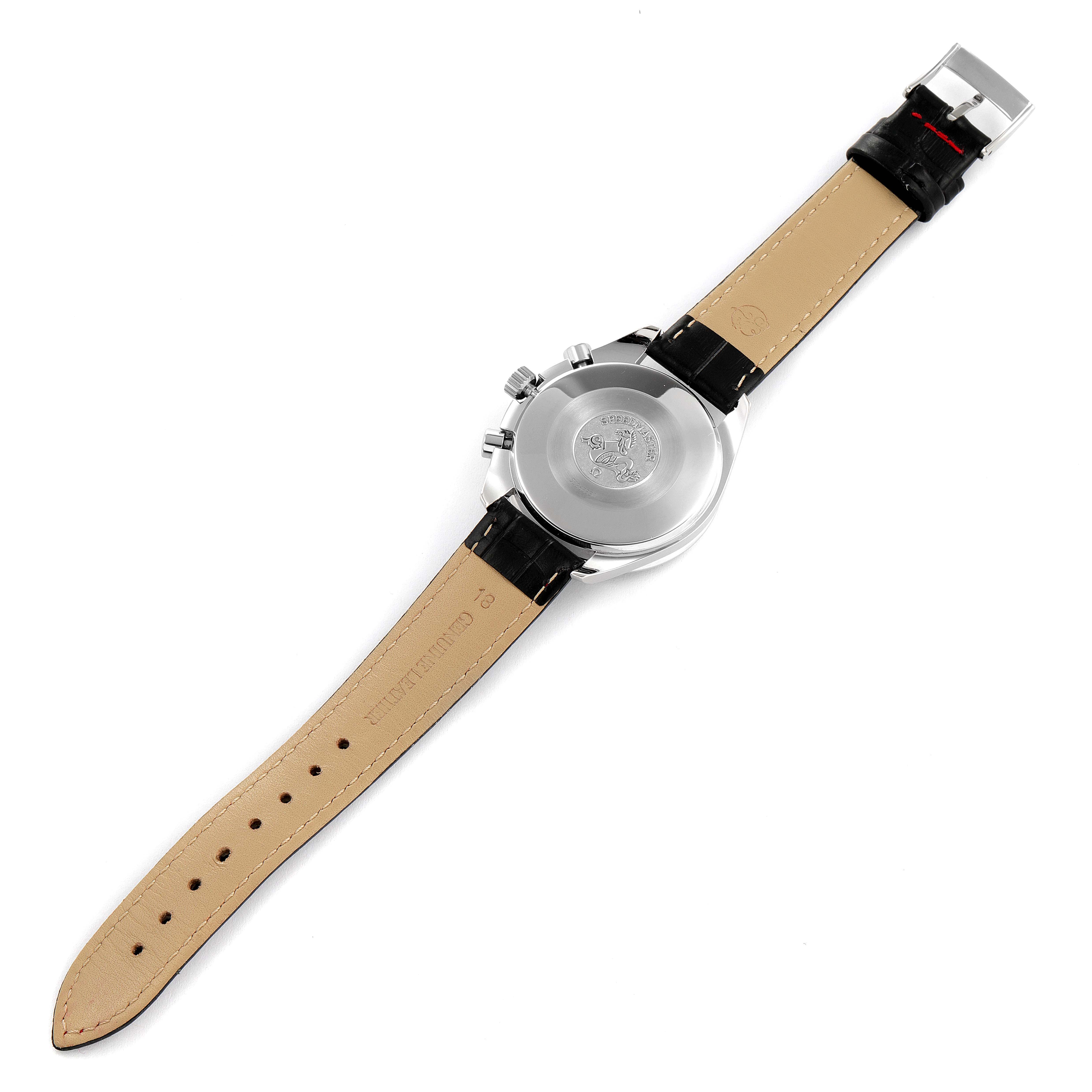 This image shows the back view of the Omega 3810.80.00 Men
s Stainless Steel Yellow Dial 3810.80.00 Men
s Stainless Steel Yellow Dial Speedmaster Schumacher Yellow Dial Automatic Watch 3810.12.00, including the case back and leather strap.