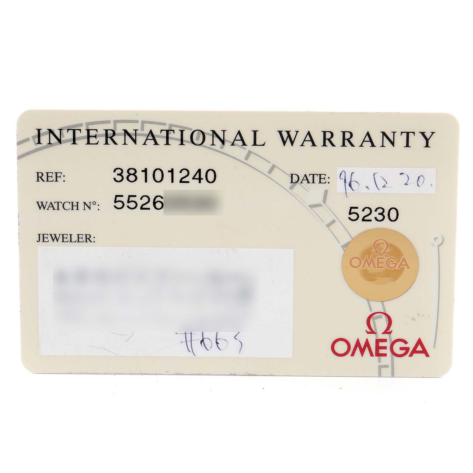 This image shows the international warranty card for the Omega 3810.80.00 Men
s Stainless Steel Yellow Dial 3810.80.00 Men
s Stainless Steel Yellow Dial Speedmaster Schumacher Yellow Dial Automatic Watch 3810.12.00.
