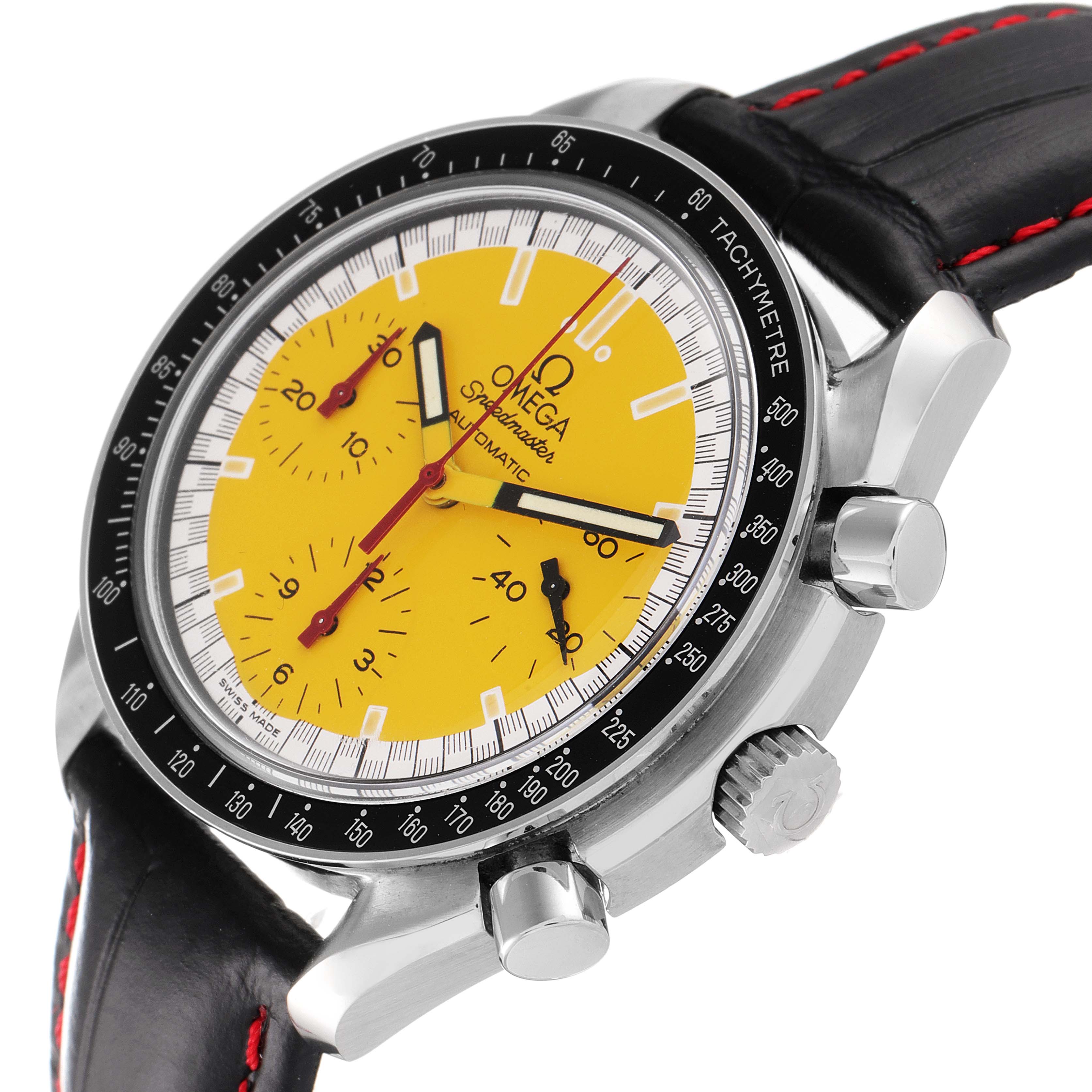 The Omega 3810.80.00 Men
s Stainless Steel Yellow Dial 3810.80.00 Men
s Stainless Steel Yellow Dial Speedmaster Schumacher 3810.12.00 watch is shown at a slight angle, highlighting its yellow dial, bezel, and crown.