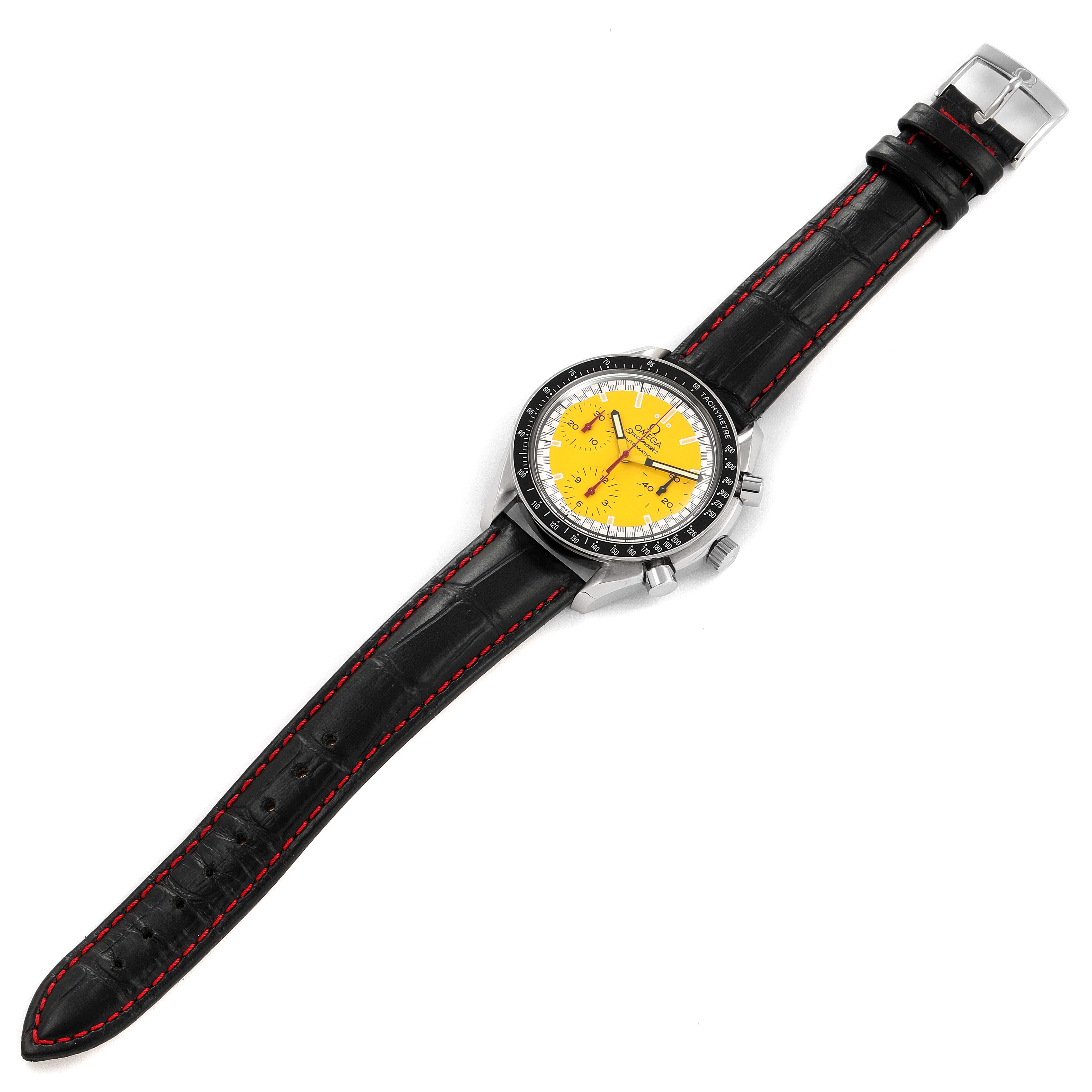 The Omega 3810.80.00 Men
s Stainless Steel Yellow Dial 3810.80.00 Men
s Stainless Steel Yellow Dial Speedmaster Schumacher Yellow Dial Automatic Watch 3810.12.00 is shown from a top-down angle, including the entire watch and strap.