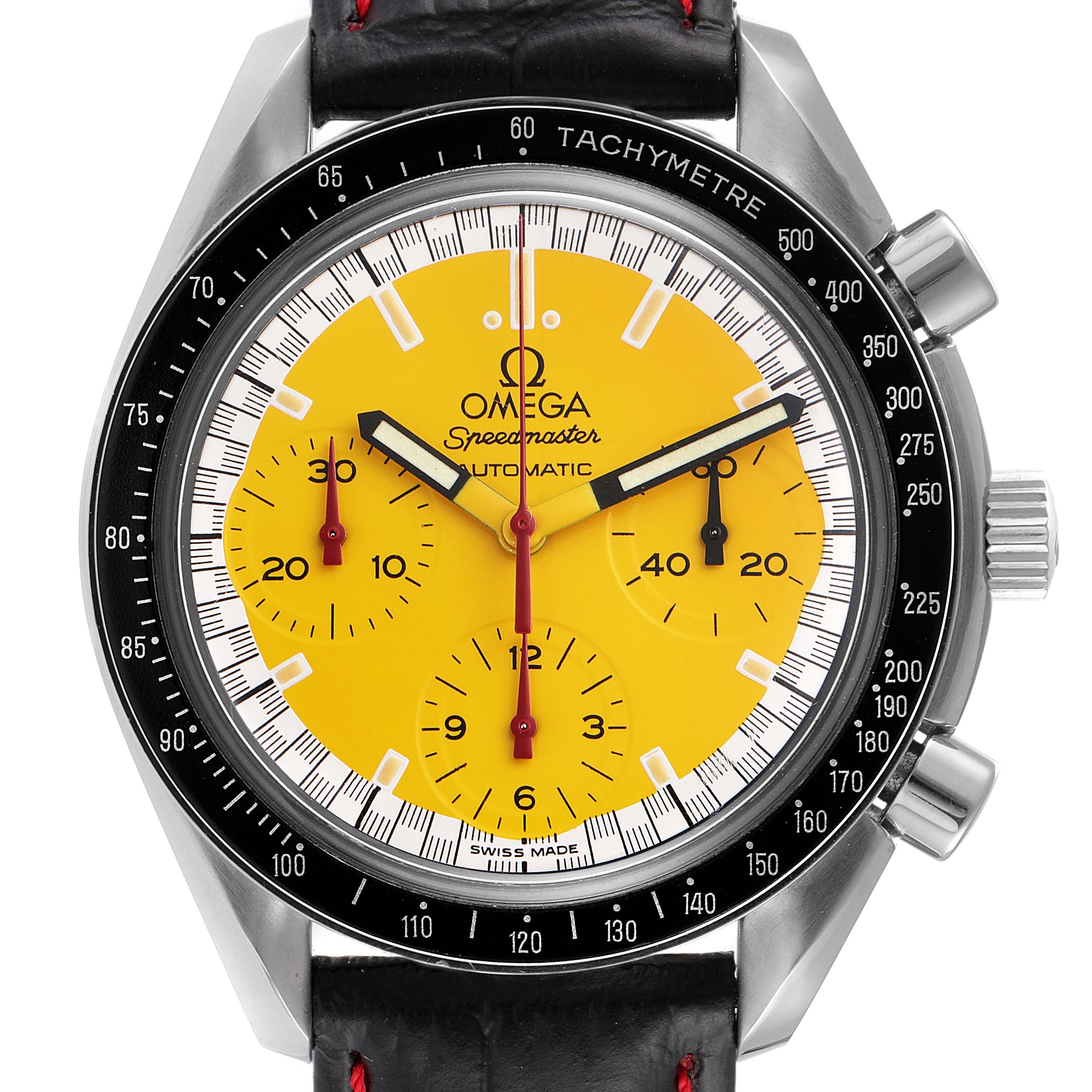 This image shows a front view of the Omega 3810.80.00 Men
s Stainless Steel Yellow Dial 3810.80.00 Men
s Stainless Steel Yellow Dial Speedmaster Schumacher Yellow Dial Automatic Watch 3810.12.00, highlighting the yellow dial and chronograph features.