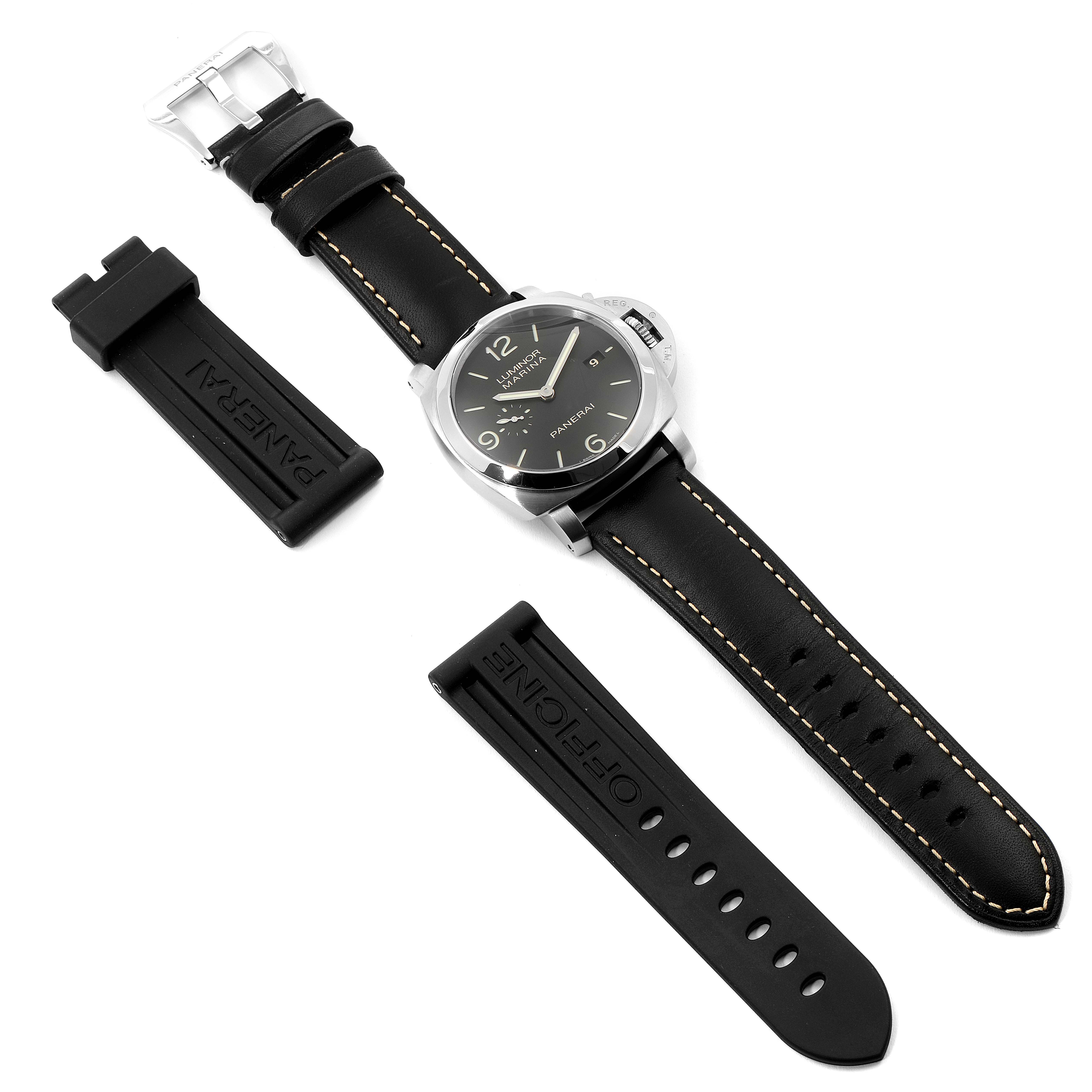 The image shows a Panerai Luminor PAM00312 Men
s Stainless Steel Black Dial PAM00312 Men
s Stainless Steel Black Dial watch from a top-down angle, accompanied by leather and rubber replacement straps.