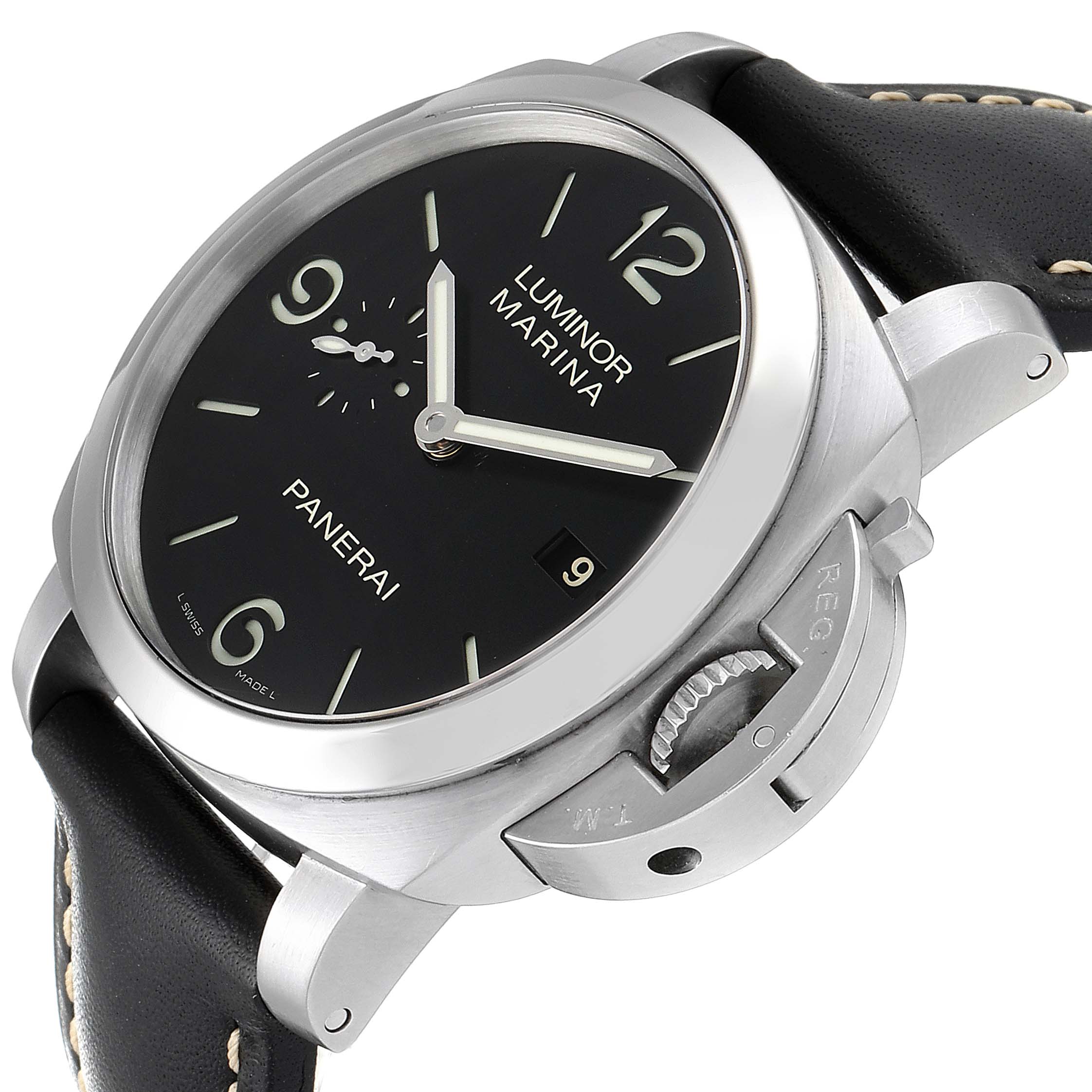 The image shows a side and front angle of a Panerai Luminor PAM00312 Men
s Stainless Steel Black Dial PAM00312 Men
s Stainless Steel Black Dial watch, showcasing its dial, case, and crown protection device.