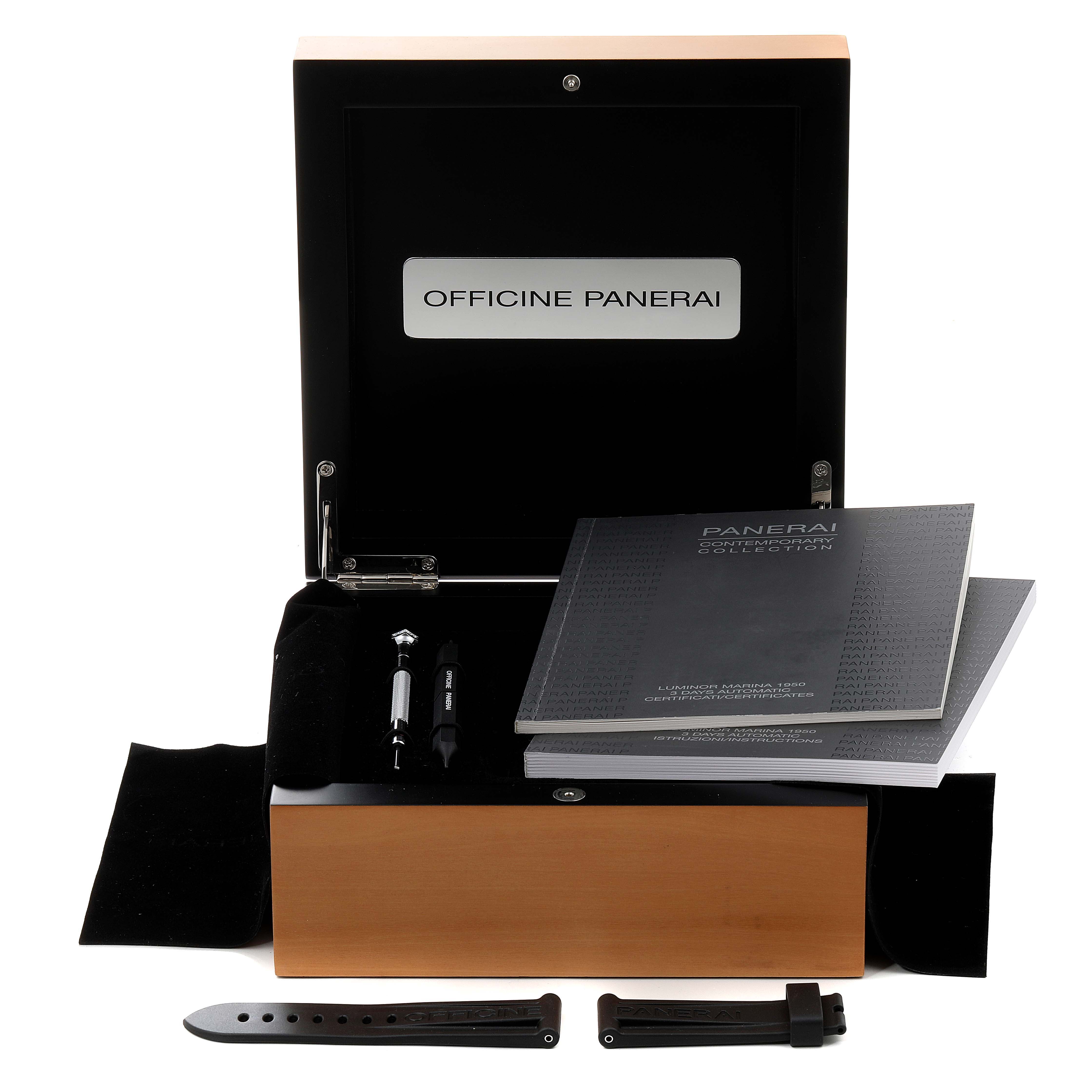 The image shows a Panerai Luminor PAM00312 Men
s Stainless Steel Black Dial PAM00312 Men
s Stainless Steel Black Dial watch box with booklets, tools, and extra straps displayed in a front angle.