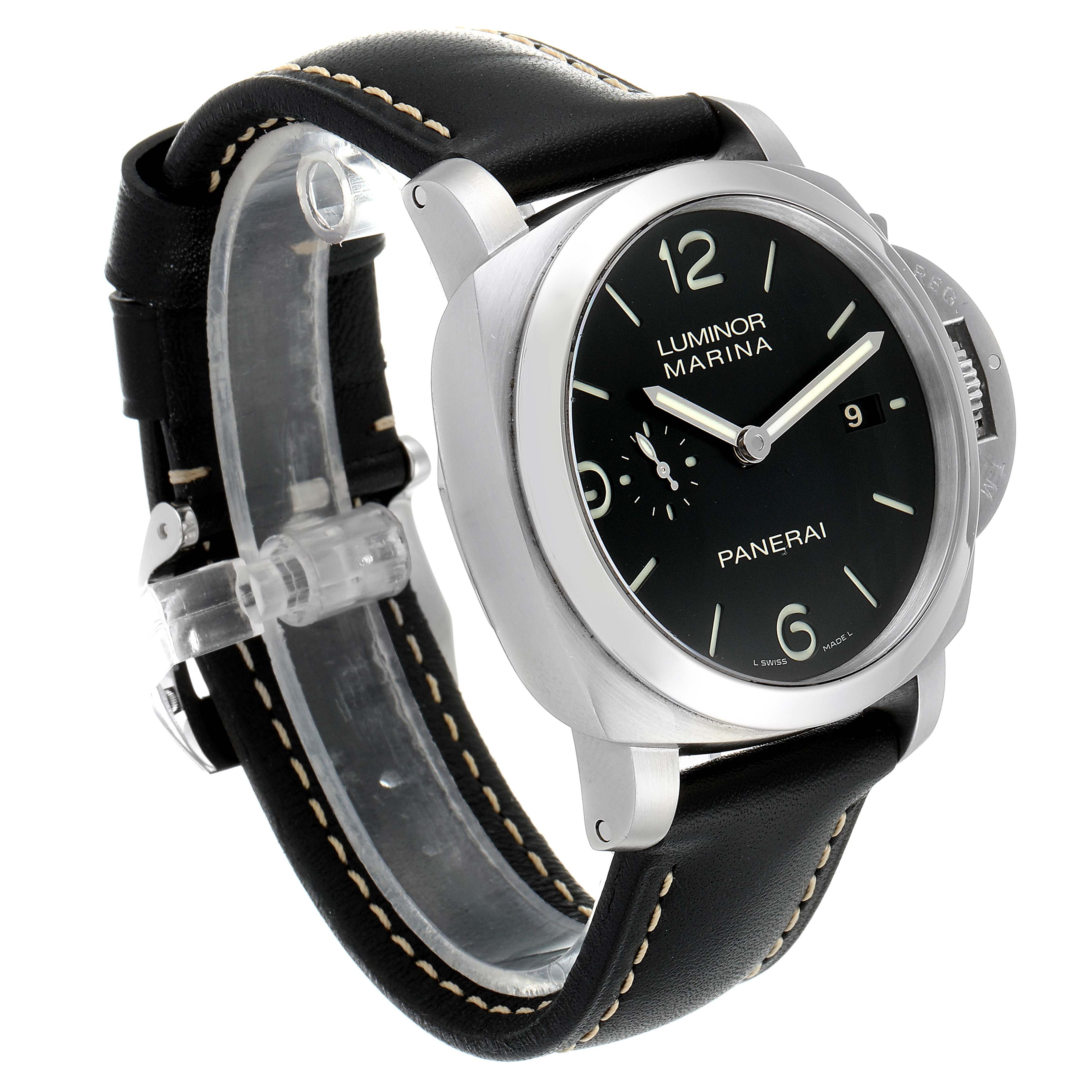 The Panerai Luminor PAM00312 Men
s Stainless Steel Black Dial PAM00312 Men
s Stainless Steel Black Dial Marina watch is shown at a three-quarter angle, displaying its dial, case, and leather strap.