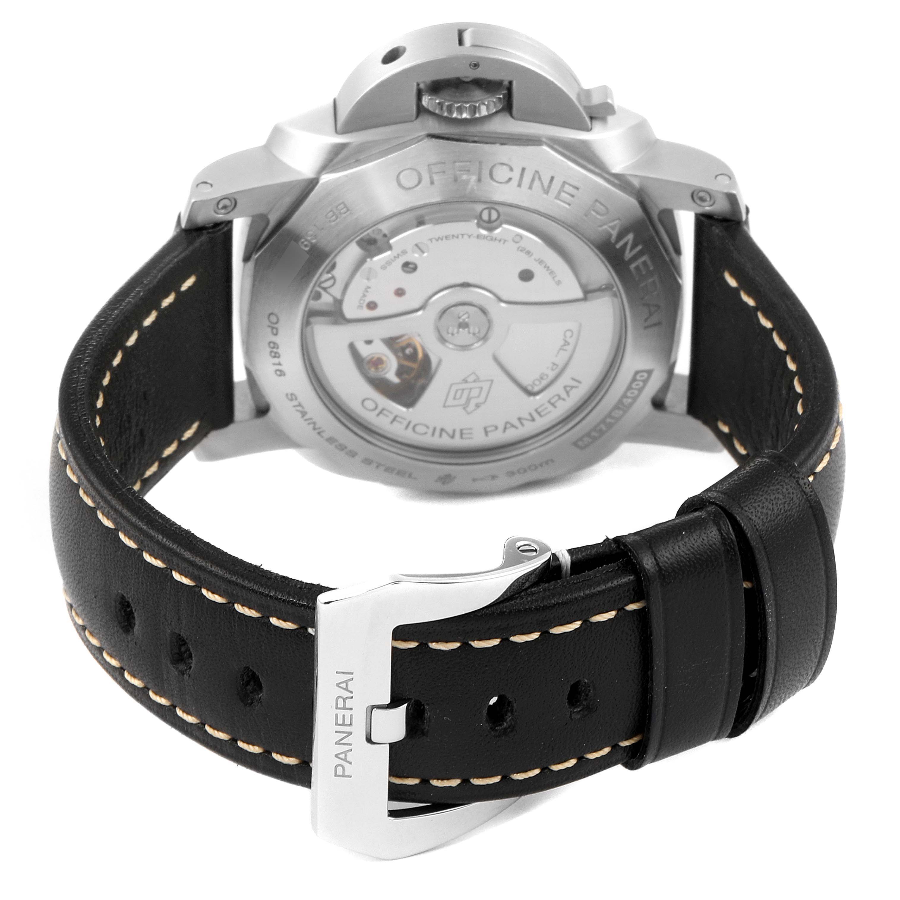 The image shows the back view of a Panerai Luminor PAM00312 Men
s Stainless Steel Black Dial PAM00312 Men
s Stainless Steel Black Dial watch, highlighting the movement and black leather strap with a branded buckle.