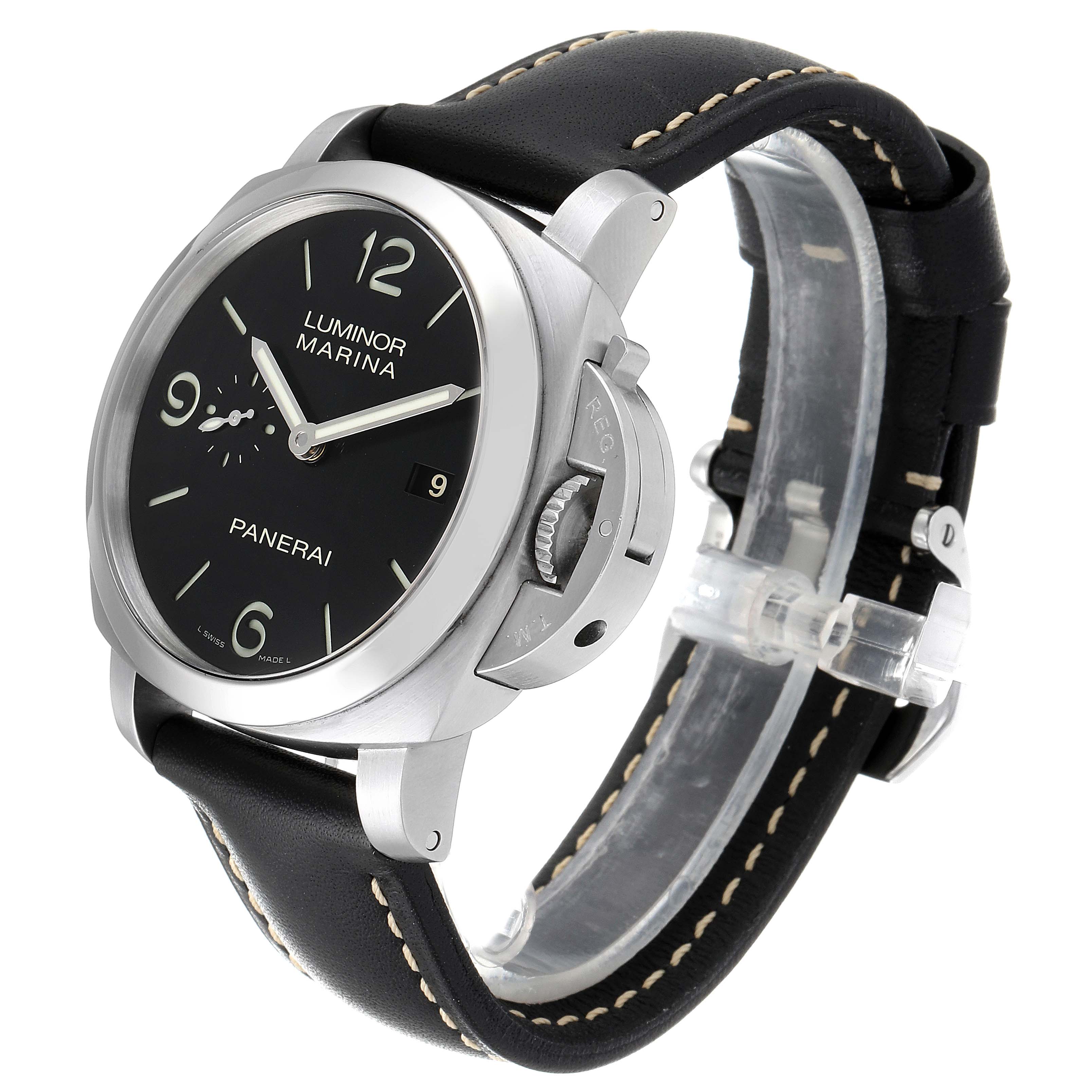 This image shows a Panerai Luminor PAM00312 Men
s Stainless Steel Black Dial PAM00312 Men
s Stainless Steel Black Dial watch at a slight angle, displaying its face, crown guard, and black leather strap.