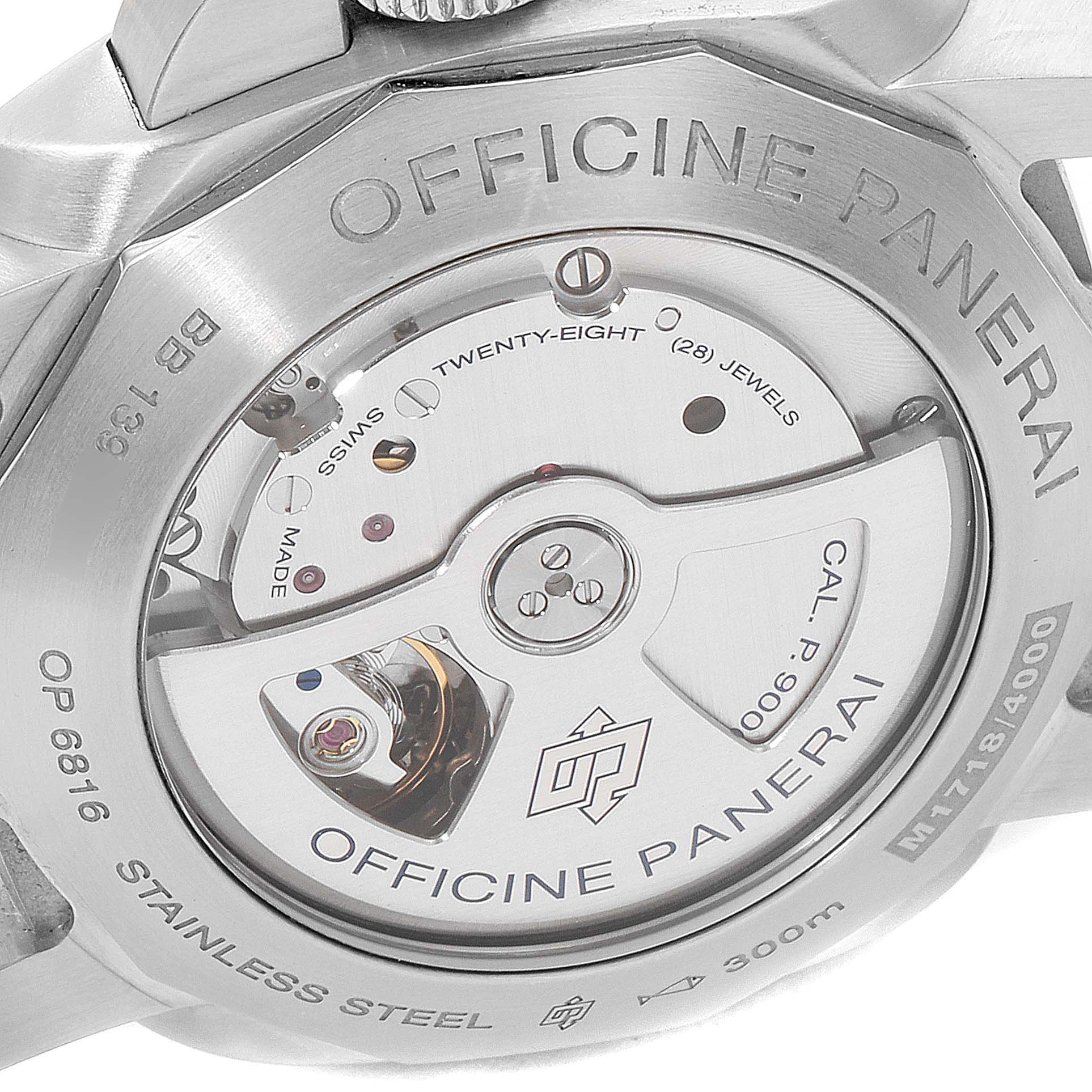 This image shows the back view of a Panerai Luminor PAM00312 Men
s Stainless Steel Black Dial PAM00312 Men
s Stainless Steel Black Dial watch, highlighting its movement and inscriptions on the case.