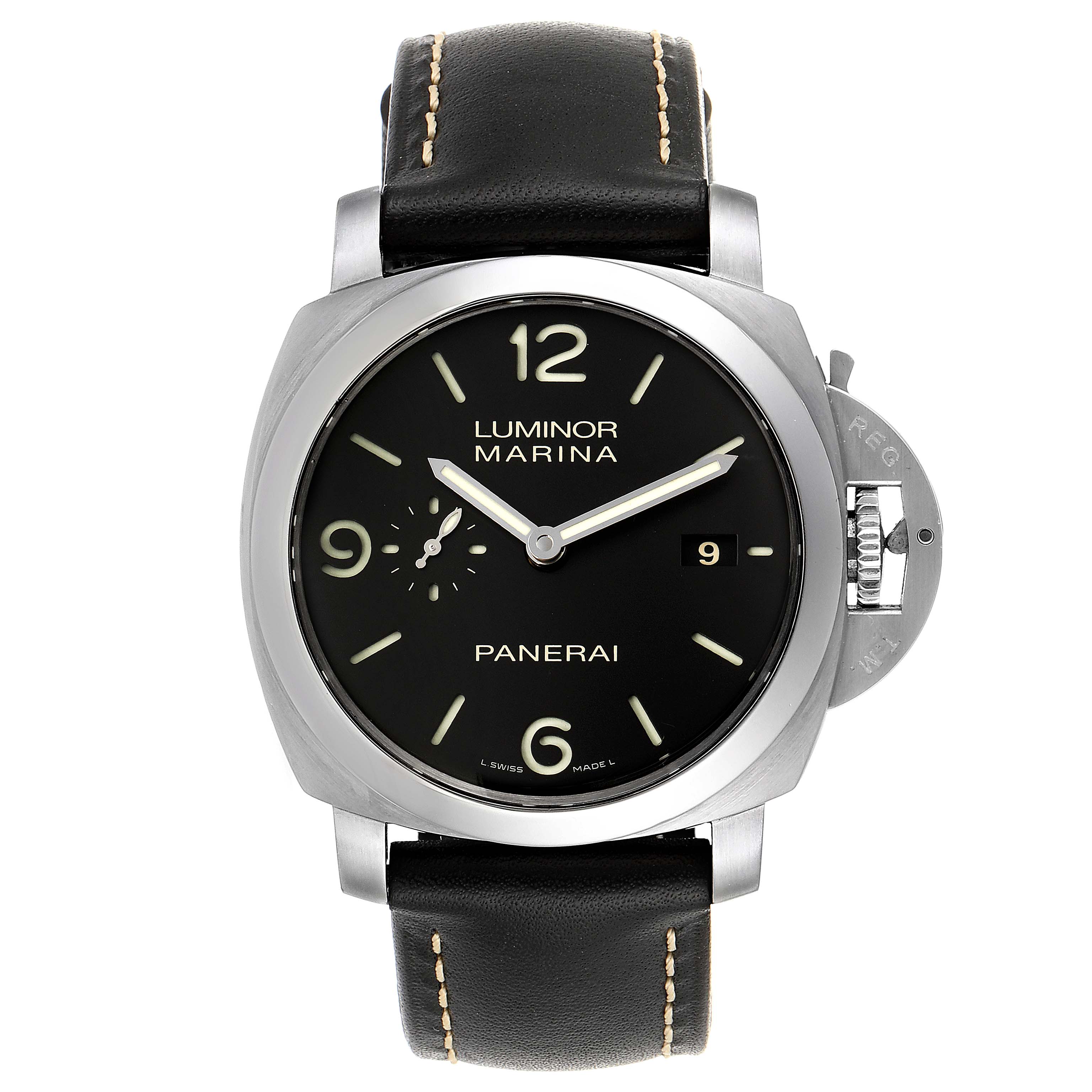 The Panerai Luminor PAM00312 Men
s Stainless Steel Black Dial PAM00312 Men
s Stainless Steel Black Dial watch is shown from a front angle, displaying the dial, crown guard, and leather strap.