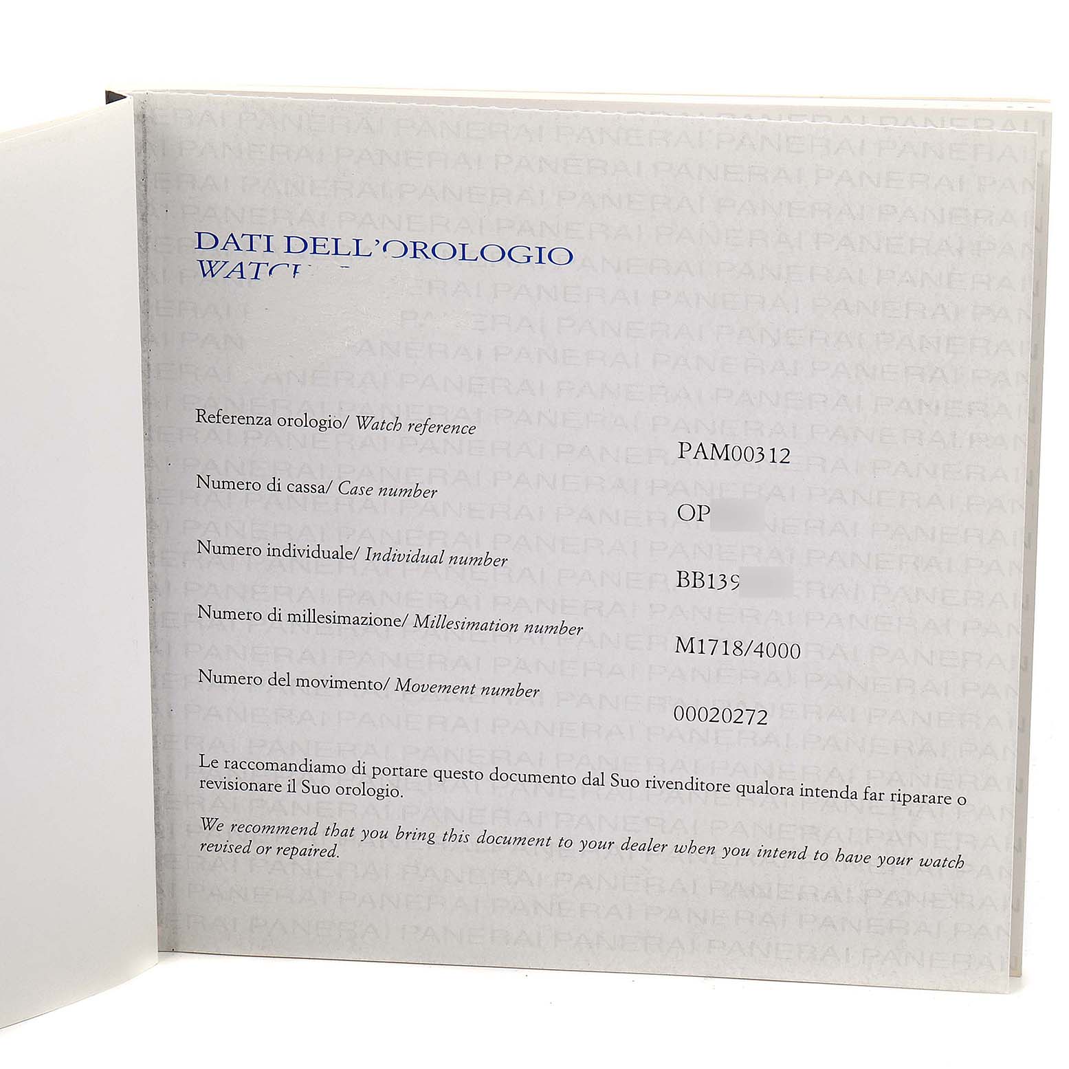 The image shows an open booklet displaying the watch reference, case number, individual number, millesimation number, and movement number for a Panerai Luminor PAM00312 Men
s Stainless Steel Black Dial PAM00312 Men
s Stainless Steel Black Dial PAM00312.