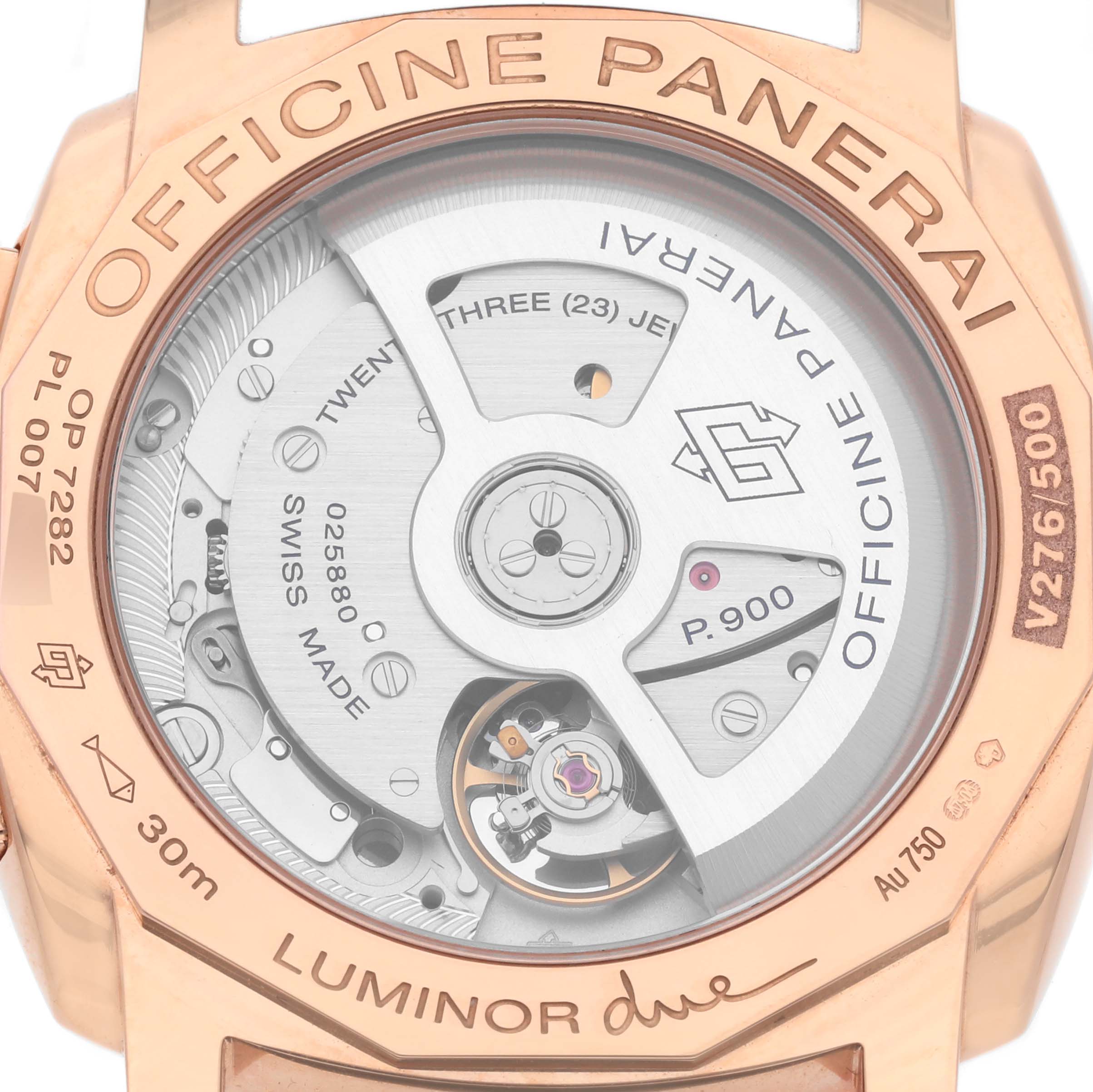 The image shows the back of a Panerai Luminor PAM01029 Men's Rose Gold Black Dial PAM01029 Men's Rose Gold Black Dial watch, focusing on the movement and inscriptions on the case.