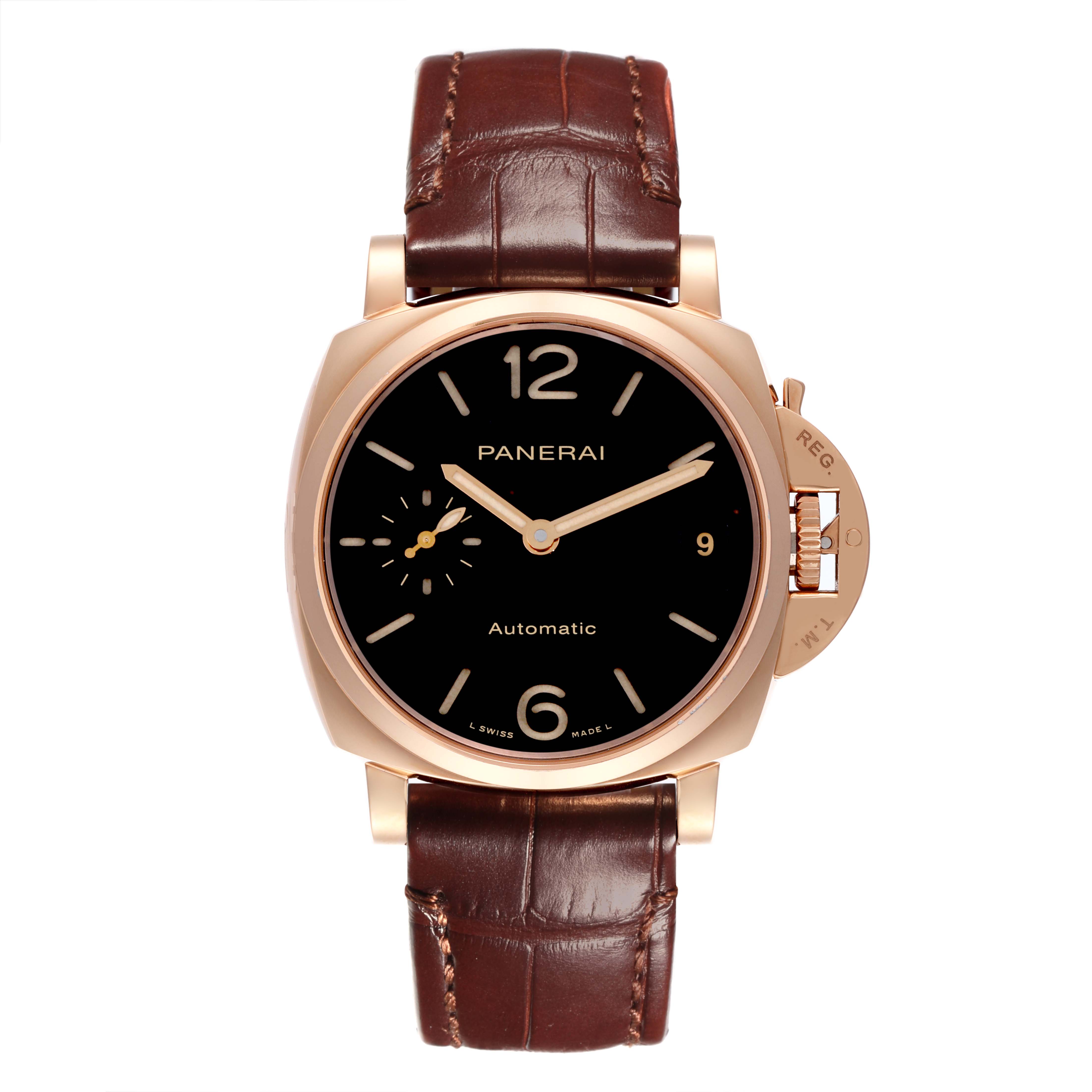 The Panerai Luminor PAM01029 Men's Rose Gold Black Dial PAM01029 Men's Rose Gold Black Dial watch is shown from a front angle, displaying the dial, crown guard, and leather strap.