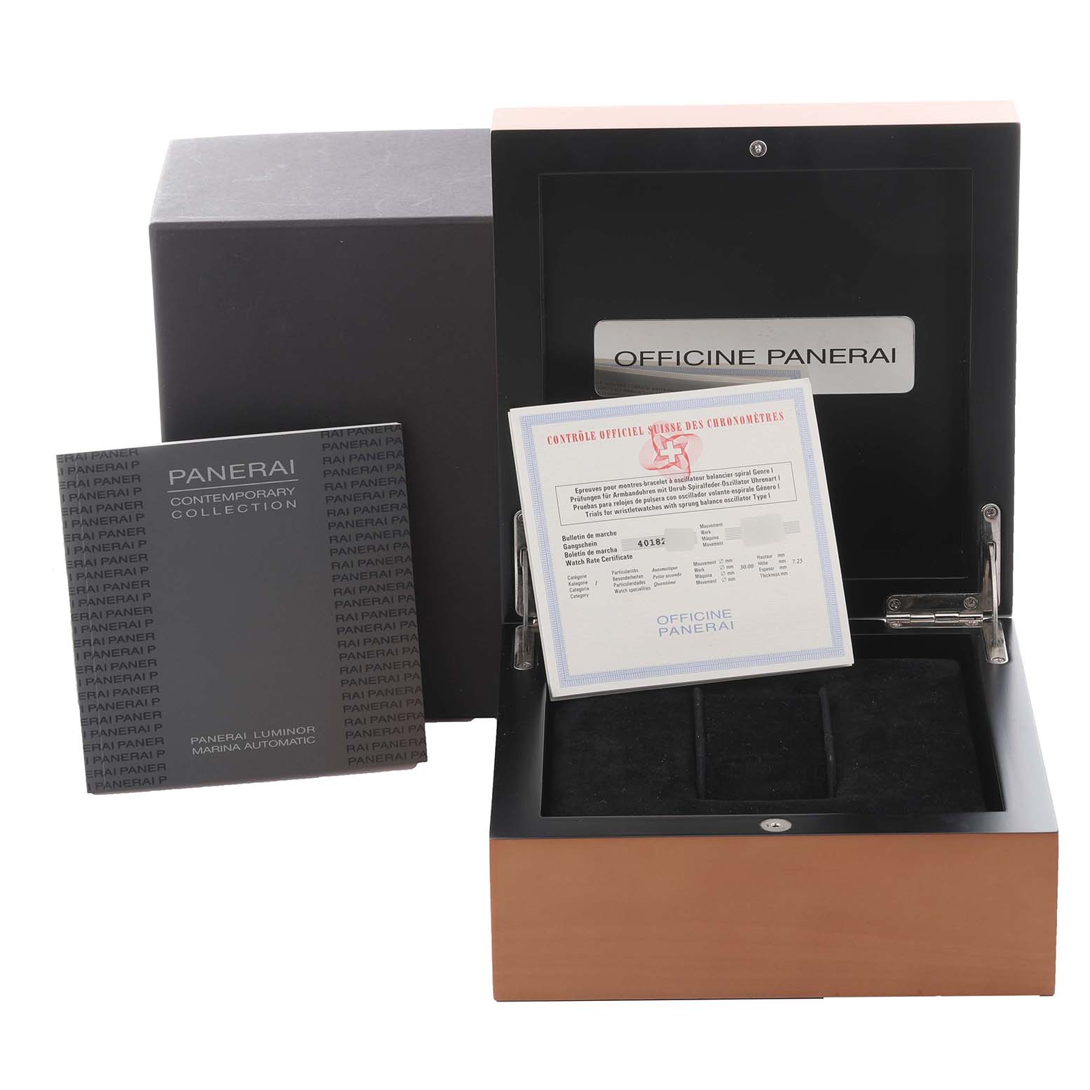 The image shows the Panerai Luminor PAM01029 Men's Rose Gold Black Dial PAM01029 Men's Rose Gold Black Dial watch box, certificate, and documents from a front angle.