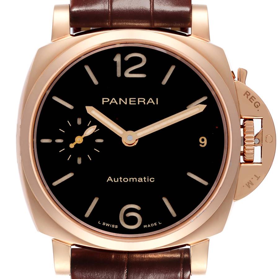 The Panerai Luminor watch is shown from a top view, displaying the dial, bezel, crown guard, and leather strap.