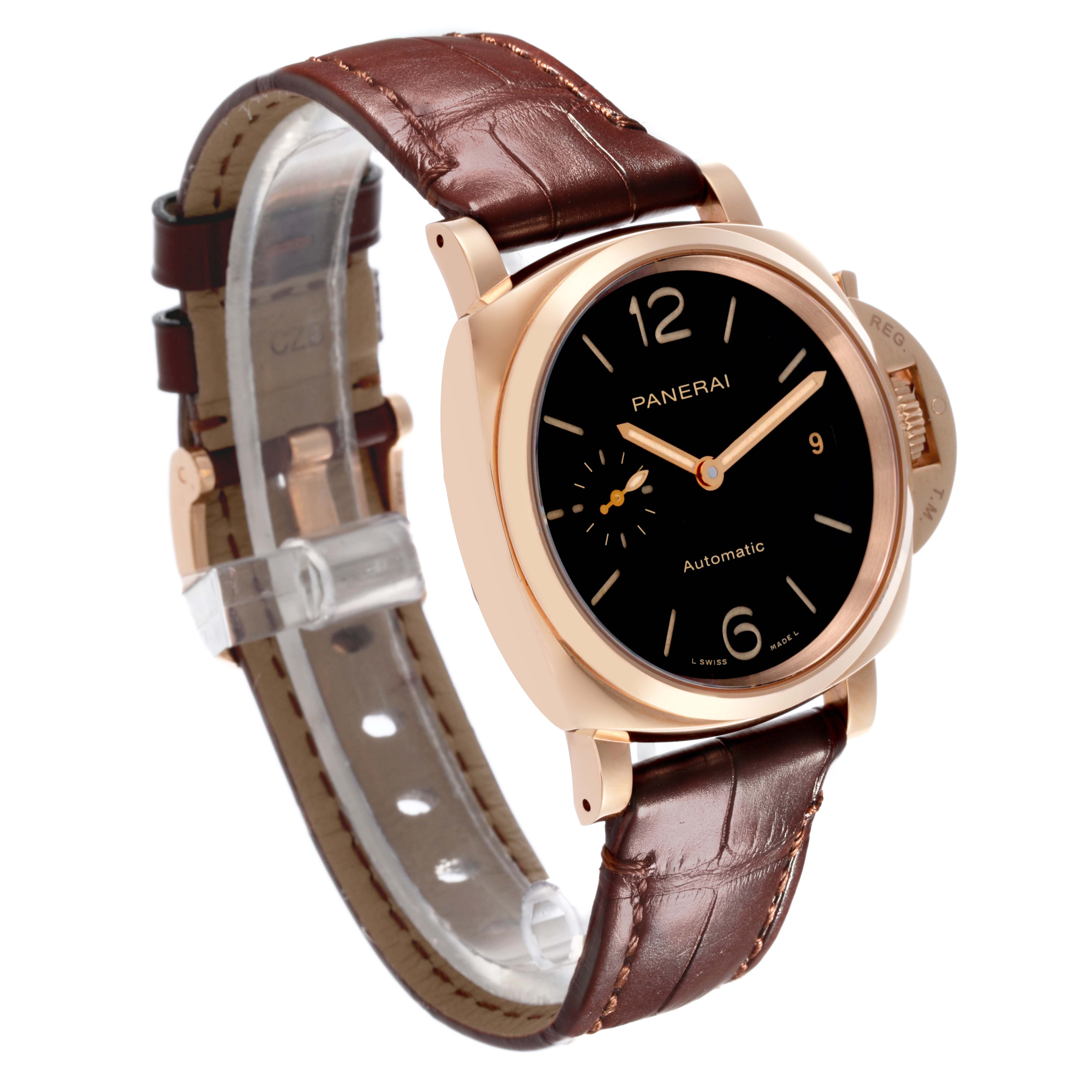 The Panerai Luminor PAM01029 Men's Rose Gold Black Dial PAM01029 Men's Rose Gold Black Dial watch is shown at a three-quarter angle, highlighting its dial, case, crown guard, and brown leather strap.