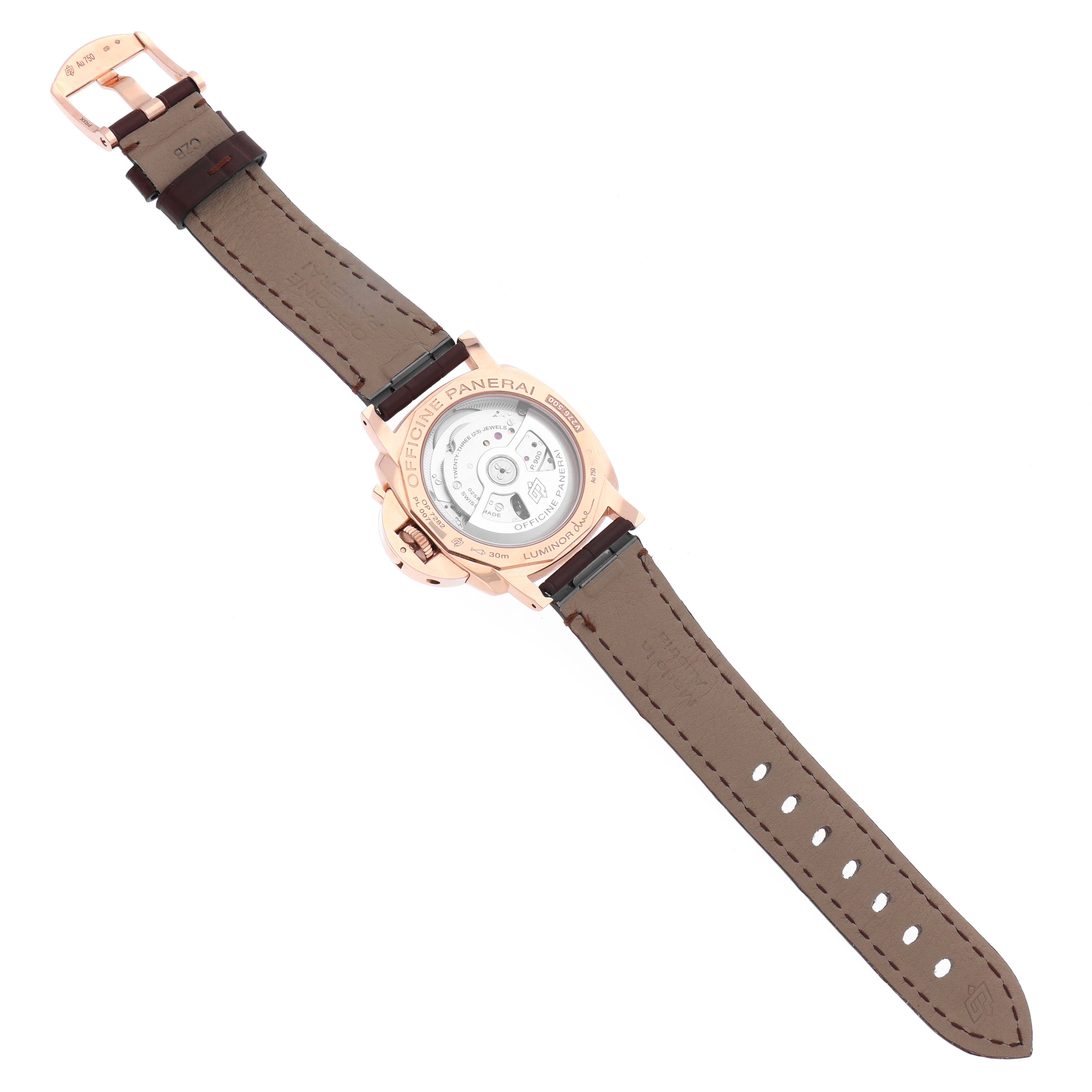 The image shows the back of a Panerai Luminor PAM01029 Men's Rose Gold Black Dial PAM01029 Men's Rose Gold Black Dial watch, highlighting the case back and strap.