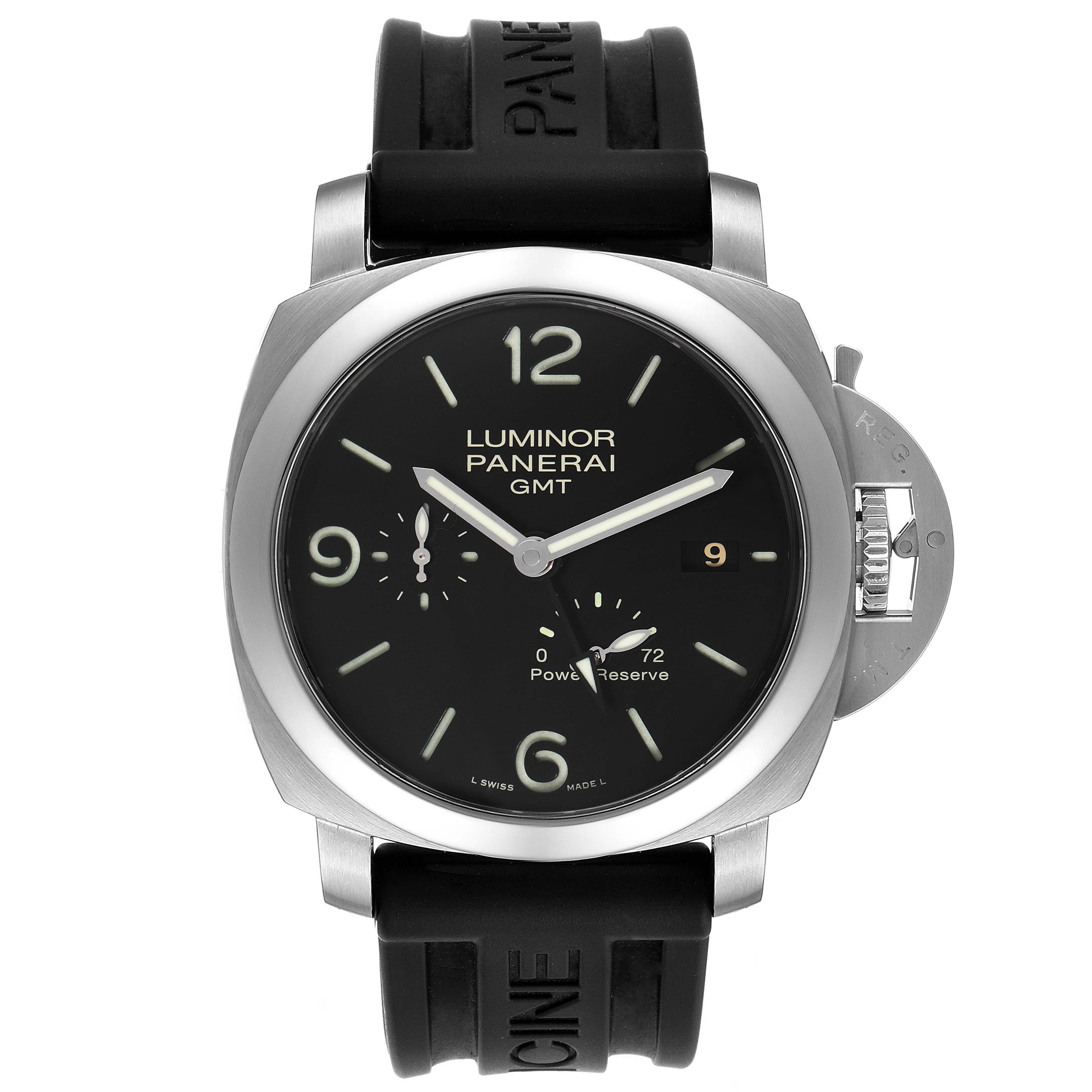 The image shows a front view of the Panerai Luminor PAM00321 Men
s Stainless Steel Black Dial PAM00321 Men
s Stainless Steel Black Dial GMT watch, displaying the dial, strap, and side crown guard.