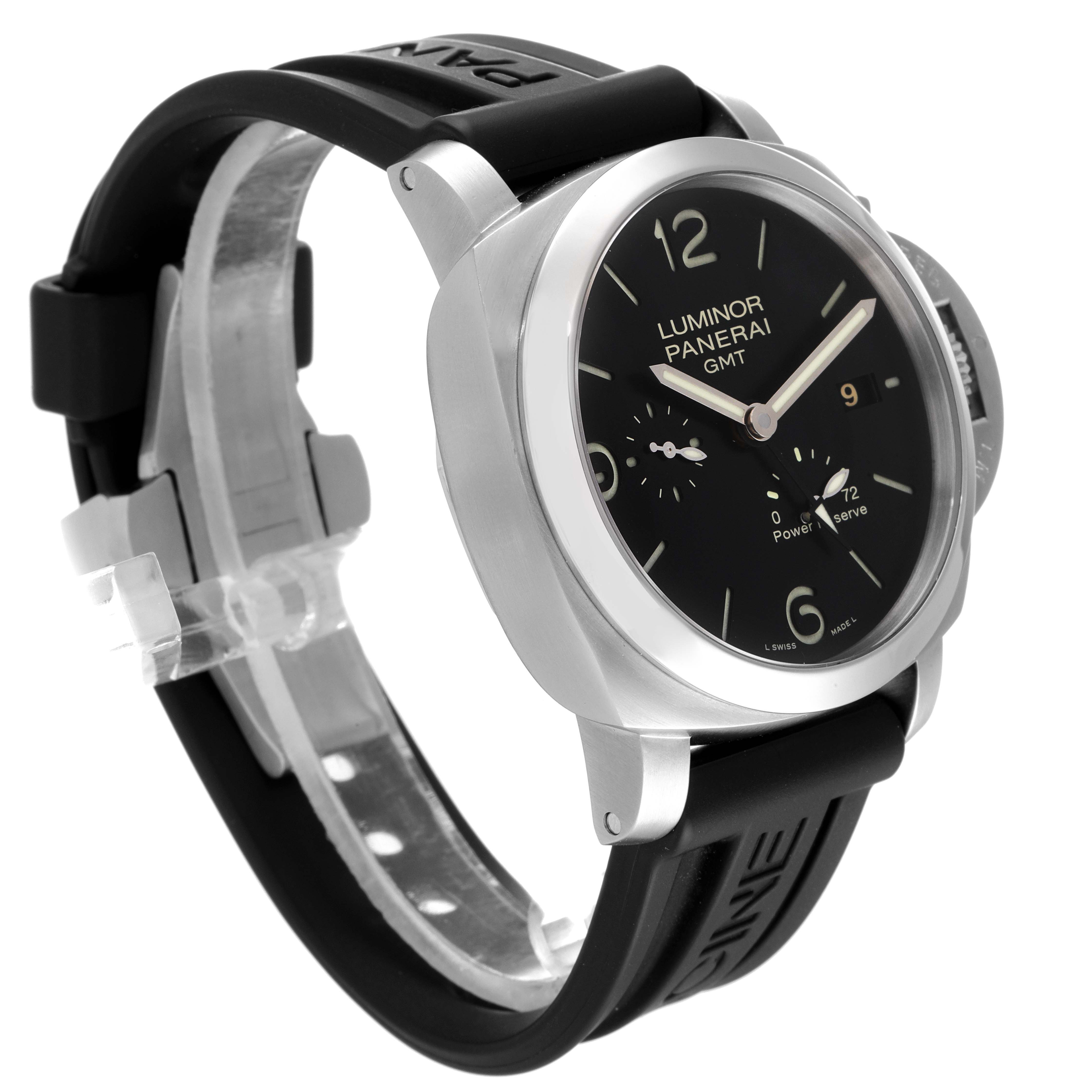The image shows a Panerai Luminor PAM00321 Men
s Stainless Steel Black Dial PAM00321 Men
s Stainless Steel Black Dial watch at an angled front view, highlighting the dial, crown protector, and rubber strap.