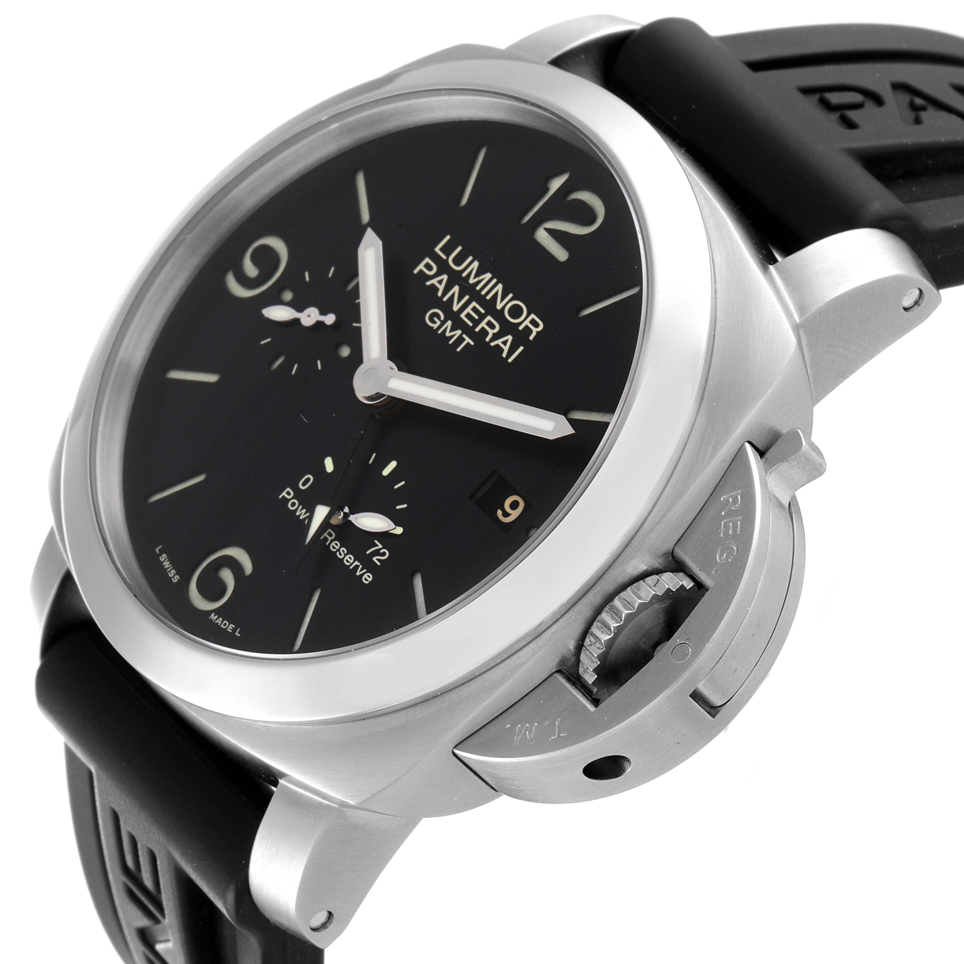 The image shows a Panerai Luminor PAM00321 Men
s Stainless Steel Black Dial PAM00321 Men
s Stainless Steel Black Dial GMT watch from an angled view, highlighting the dial, crown guard, and strap.