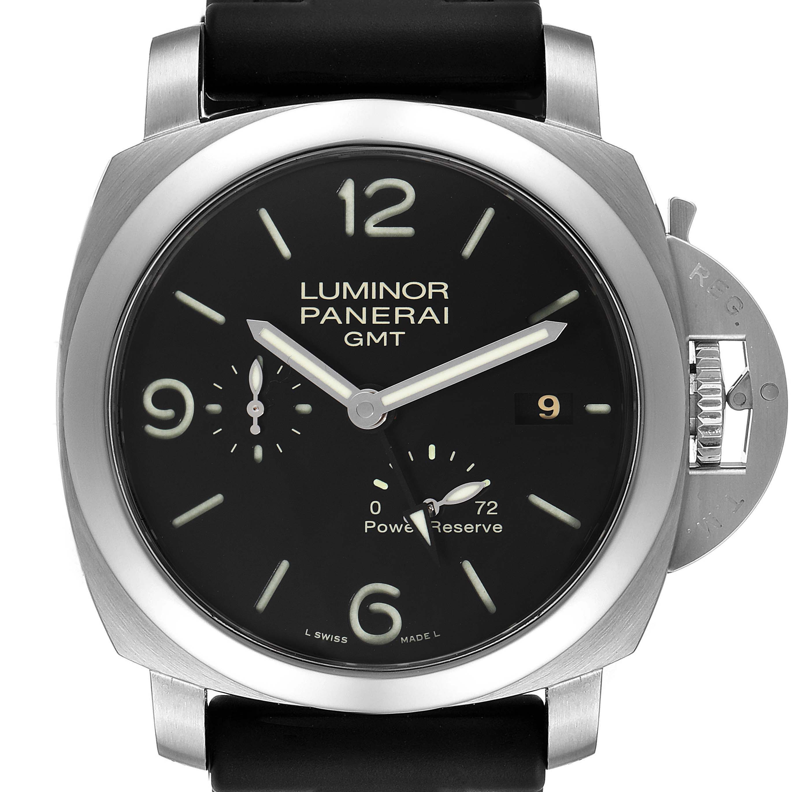 The Panerai Luminor PAM00321 Men
s Stainless Steel Black Dial PAM00321 Men
s Stainless Steel Black Dial watch is shown from a front angle, highlighting its dial, crown guard, and power reserve indicator.