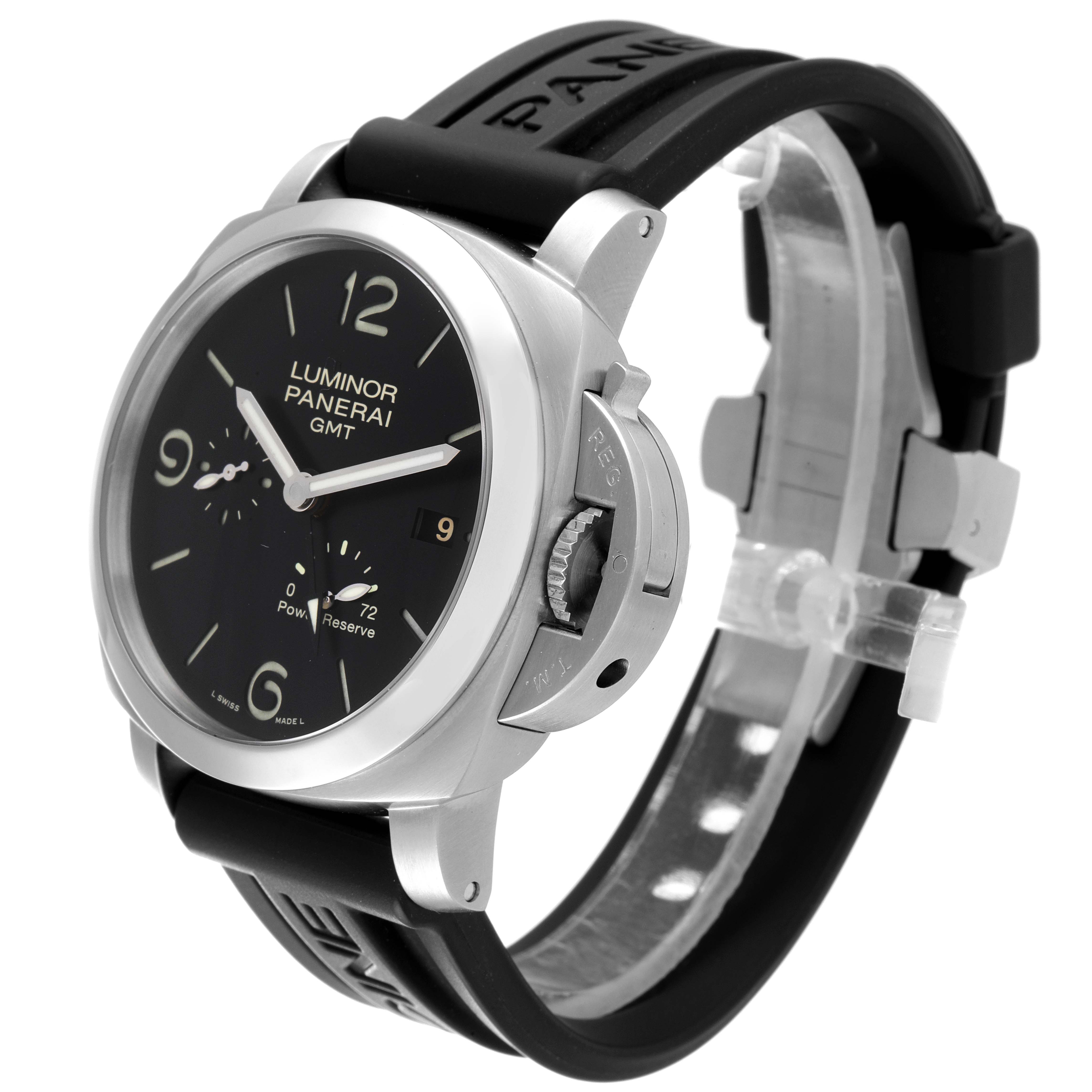 The image shows a Panerai Luminor PAM00321 Men
s Stainless Steel Black Dial PAM00321 Men
s Stainless Steel Black Dial watch from a front-side angle, highlighting the dial, crown guard, and black rubber strap.