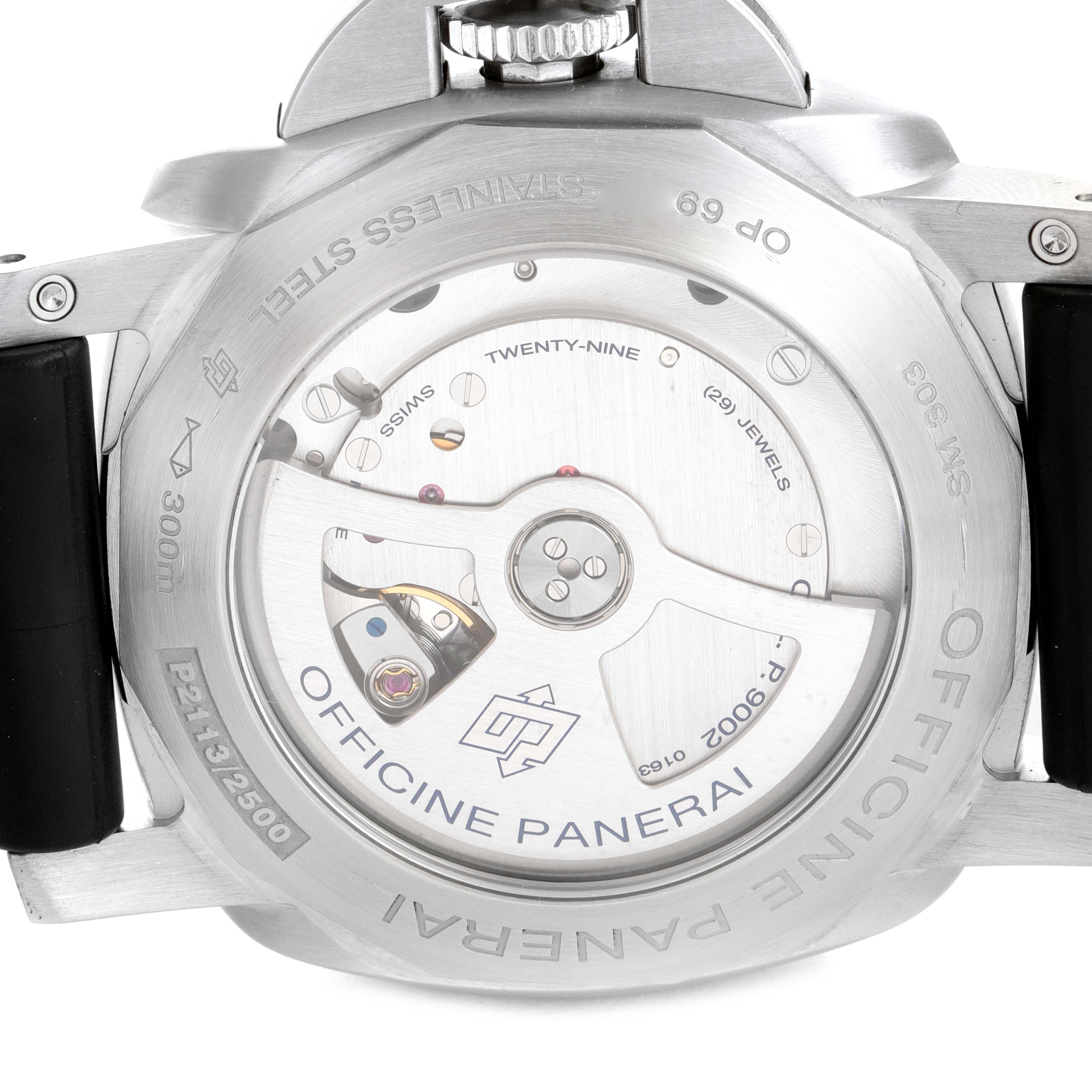 The image shows the back view of a Panerai Luminor PAM00321 Men
s Stainless Steel Black Dial PAM00321 Men
s Stainless Steel Black Dial watch, displaying its movement and inscriptions.