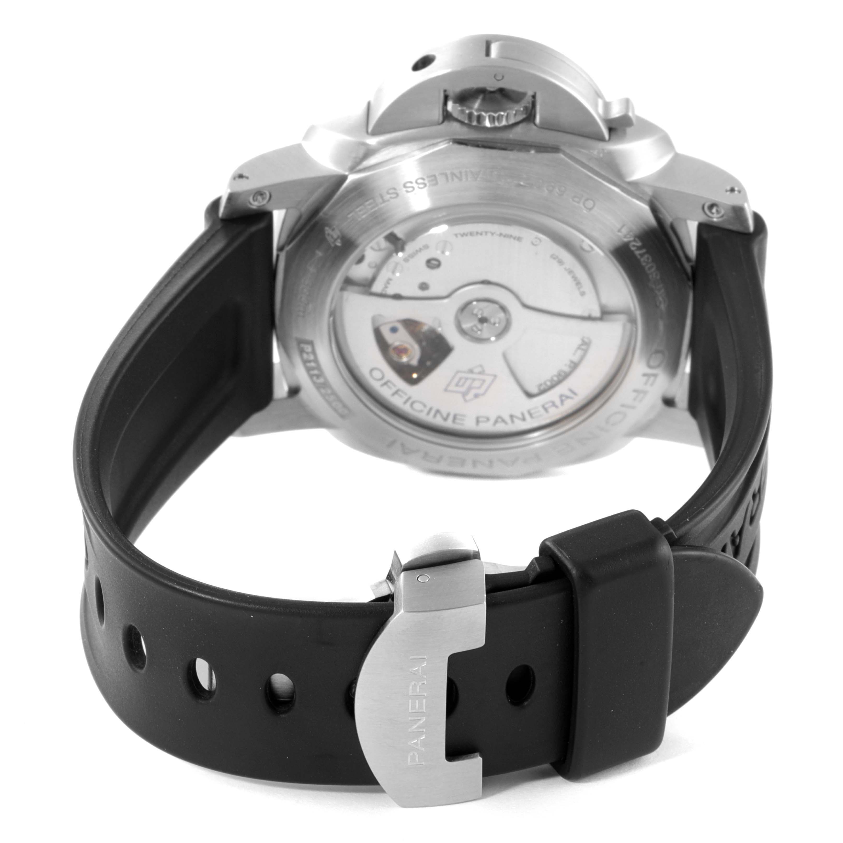 The image shows the back view of a Panerai Luminor PAM00321 Men
s Stainless Steel Black Dial PAM00321 Men
s Stainless Steel Black Dial watch, highlighting its exhibition case back and black rubber strap with a branded clasp.