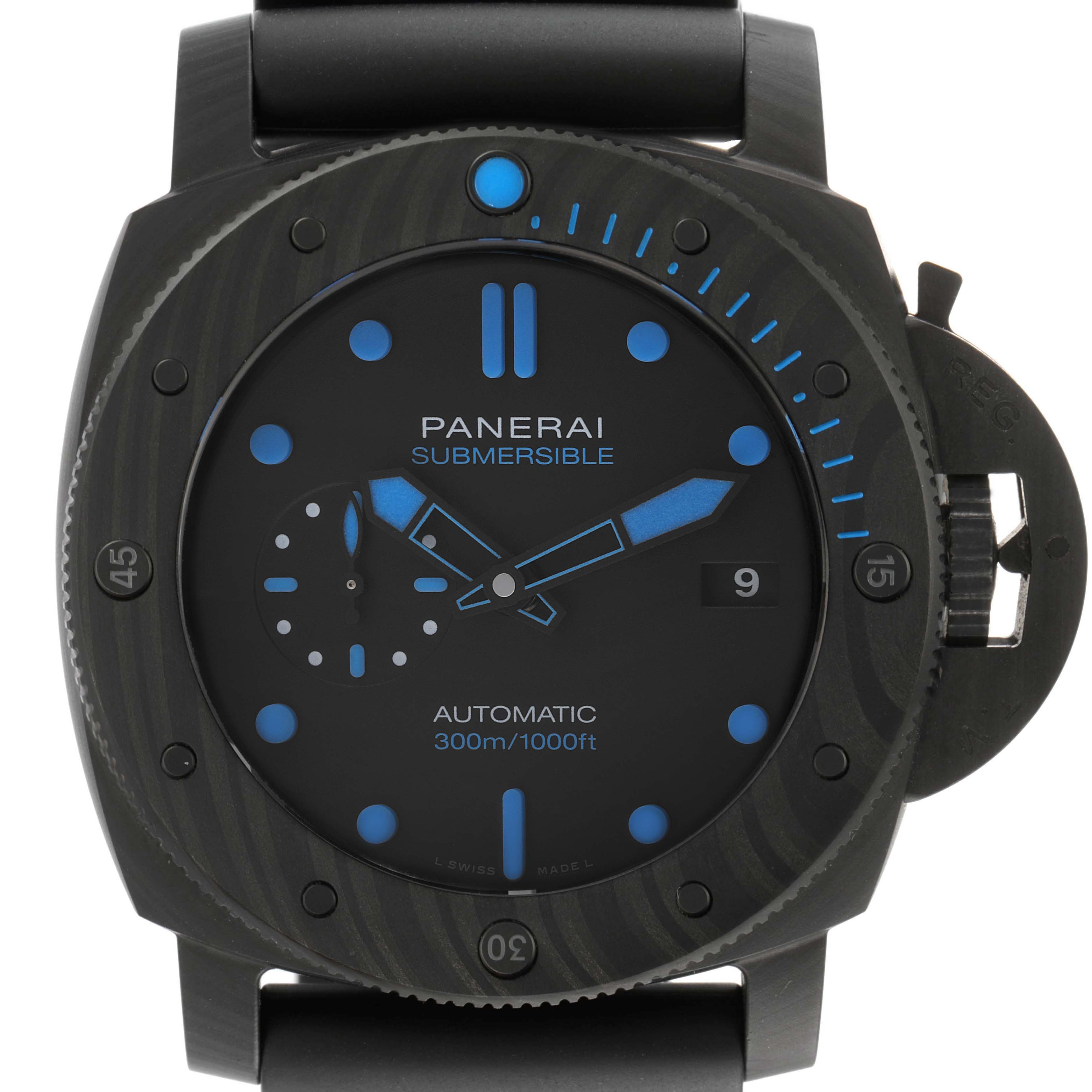 The image shows a front view of the Panerai Submersible PAM01616 Men's Ceramic Black Dial PAM01616 Men's Ceramic Black Dial watch, highlighting the dial, hands, bezel, and part of the strap.