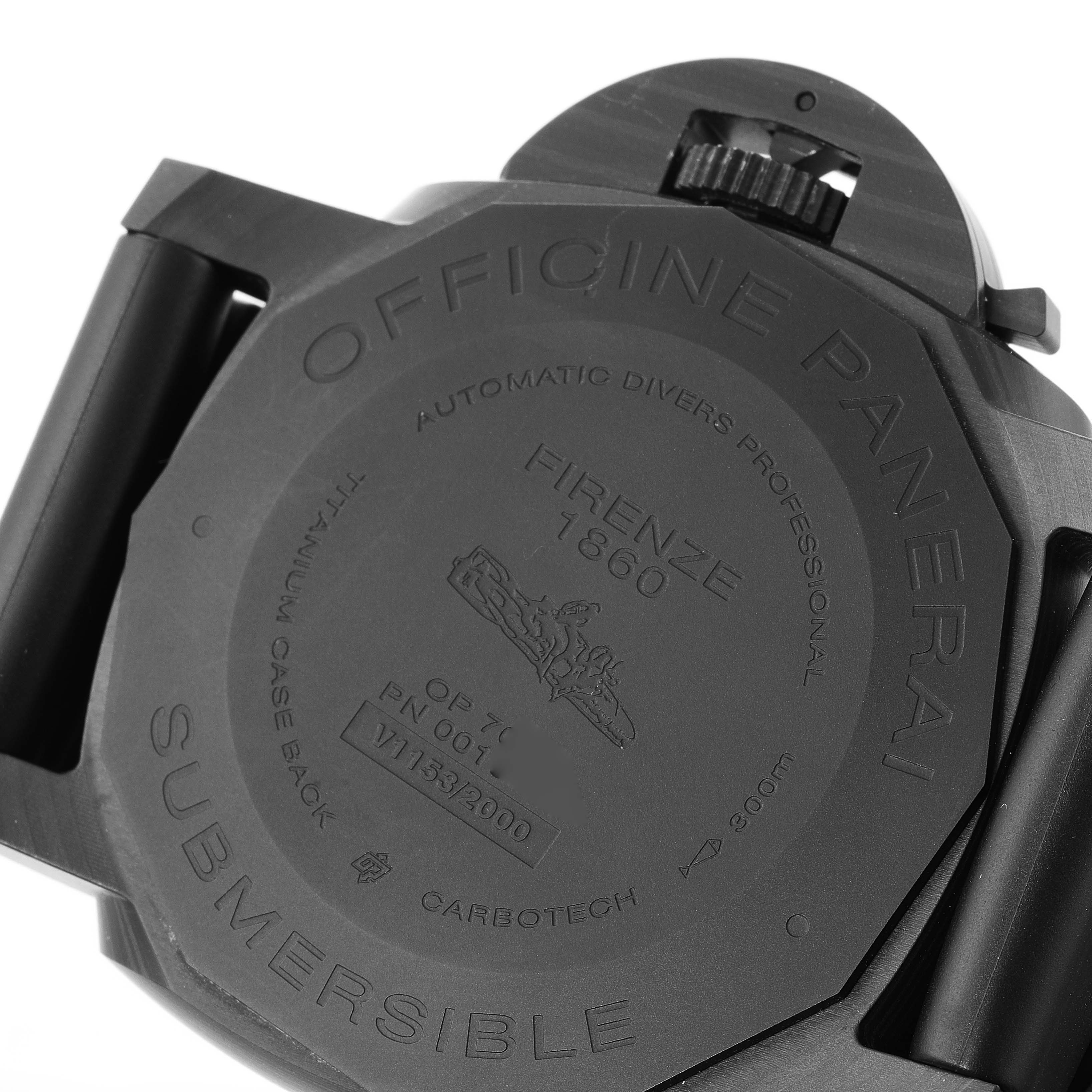 The image shows the back of the Panerai Submersible PAM01616 Men's Ceramic Black Dial PAM01616 Men's Ceramic Black Dial watch, highlighting its case back engravings and crown protector.