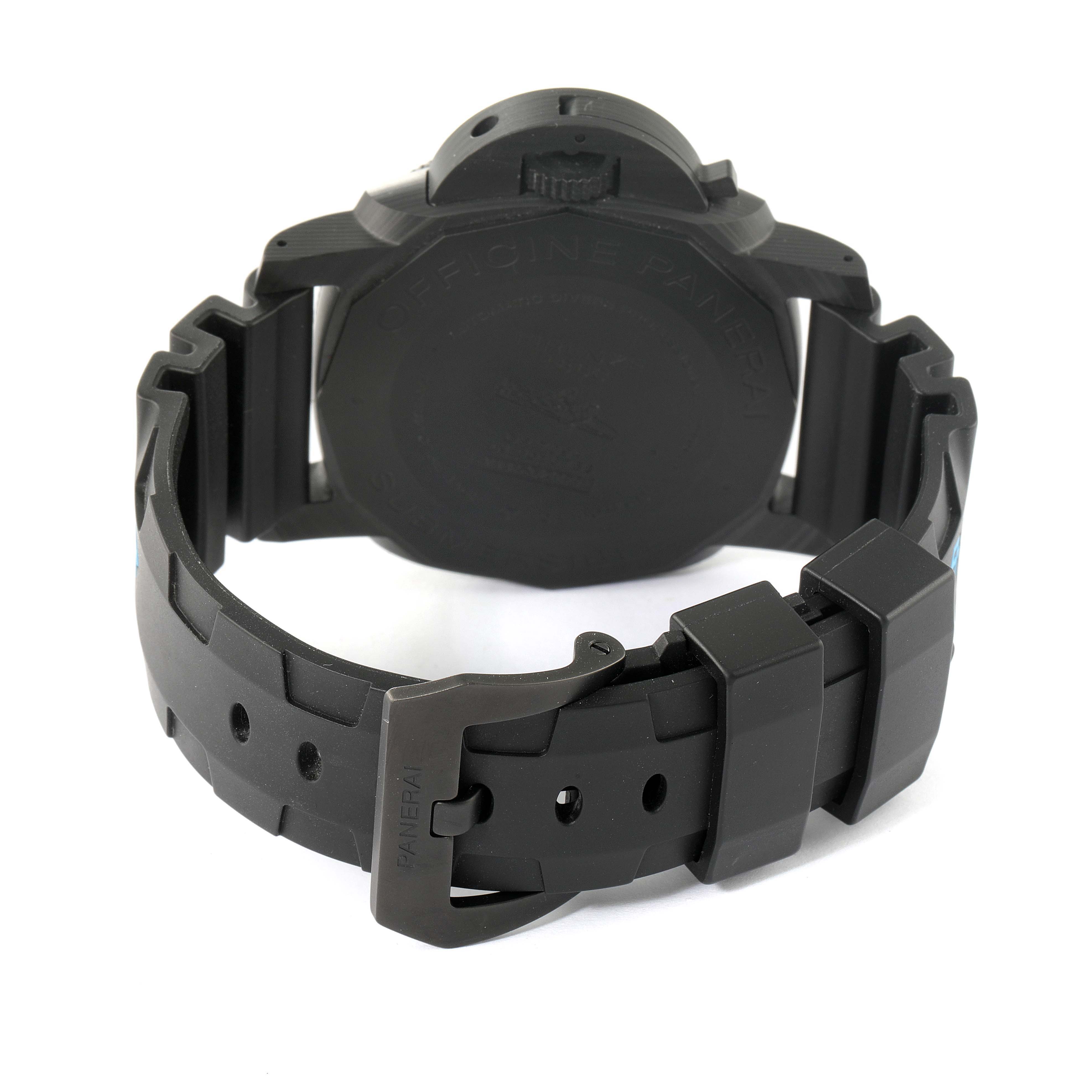 The image shows the rear view of the Panerai Submersible PAM01616 Men's Ceramic Black Dial PAM01616 Men's Ceramic Black Dial watch, highlighting its case back and silicone strap with the buckle.