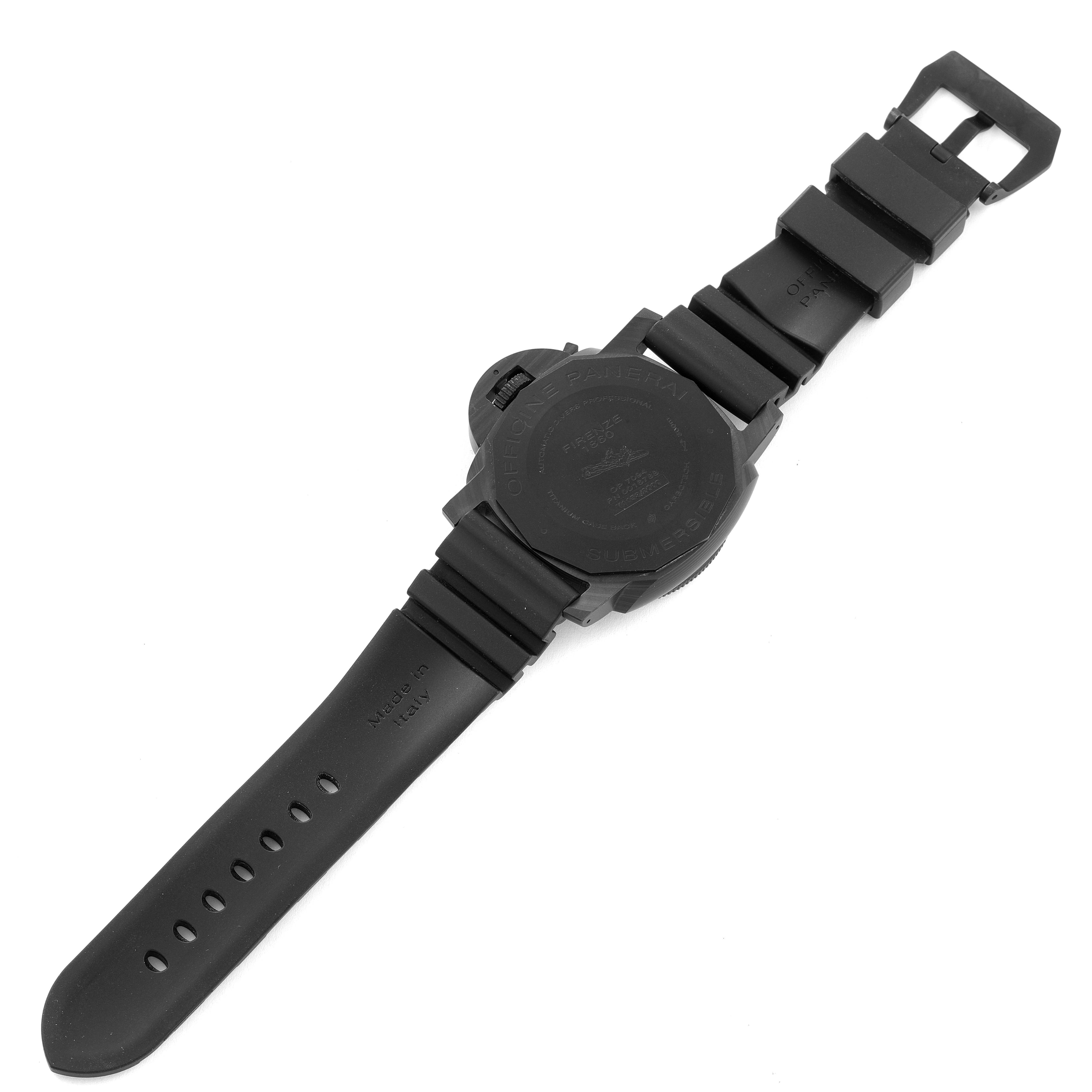 The image shows the back side of the Panerai Submersible PAM01616 Men's Ceramic Black Dial PAM01616 Men's Ceramic Black Dial watch with its black rubber strap laid flat.