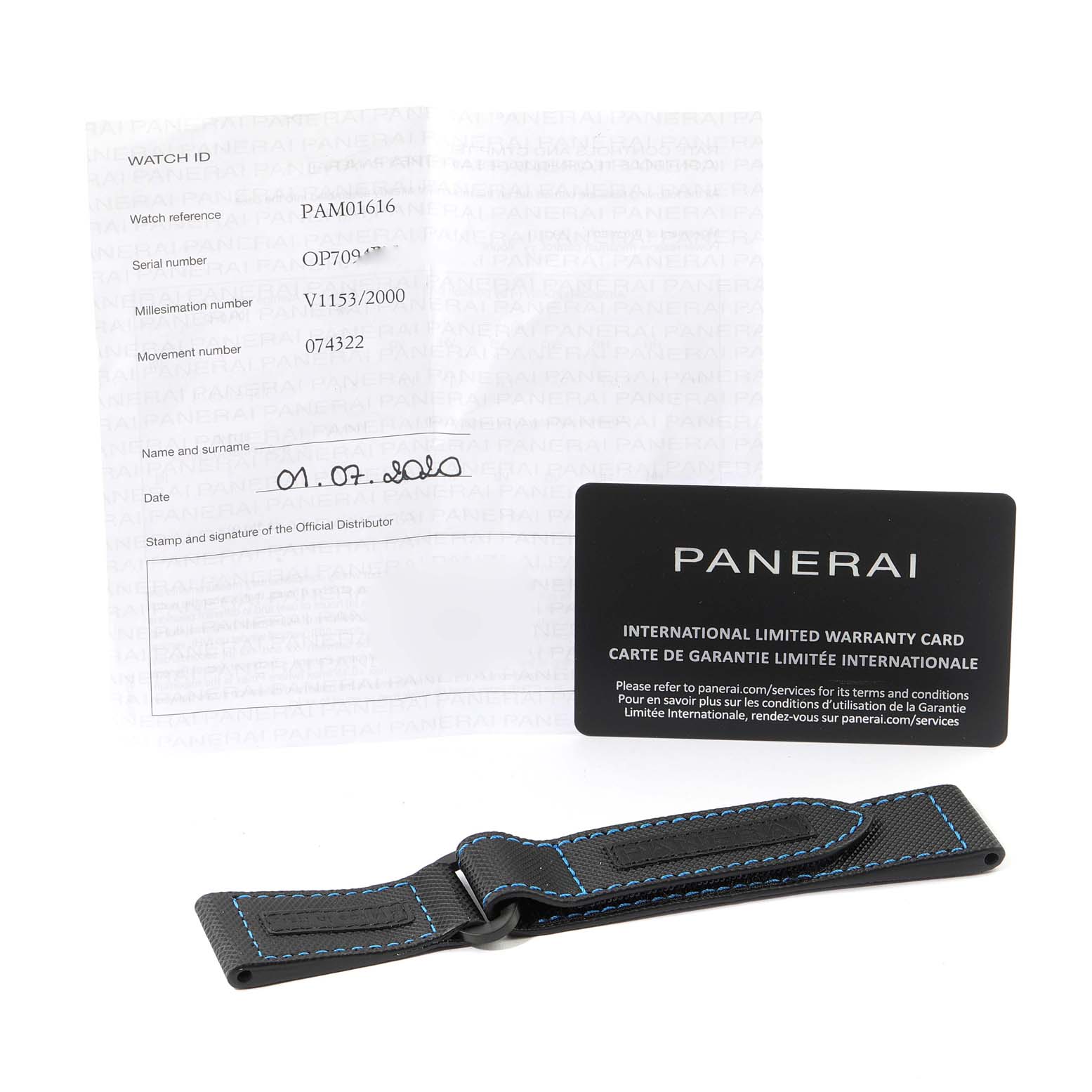 This image shows the warranty card, documentation, and a strap for the Panerai Submersible PAM01616 Men's Ceramic Black Dial PAM01616 Men's Ceramic Black Dial watch model PAM01616.